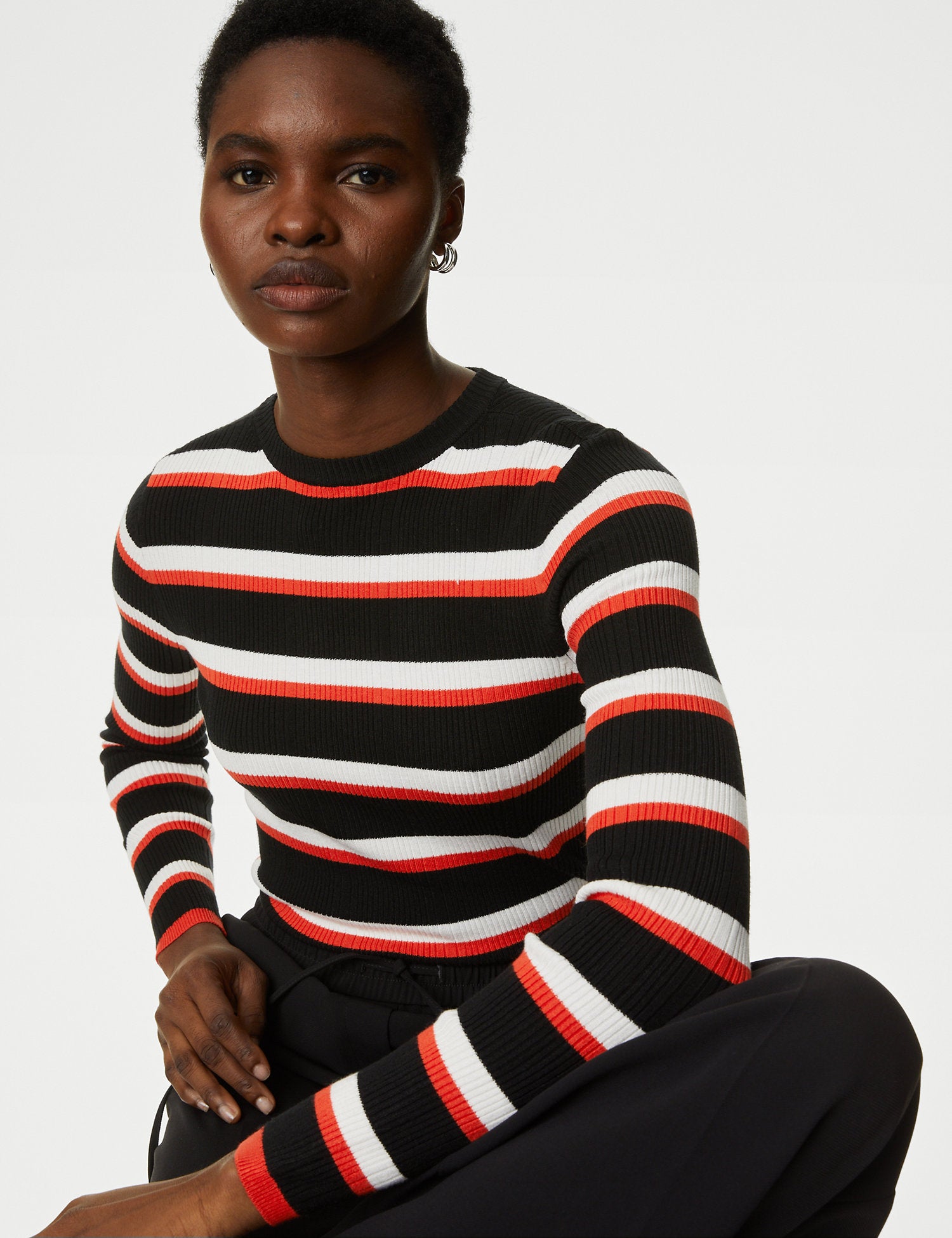 Ribbed Striped Crew Neck Knitted Top