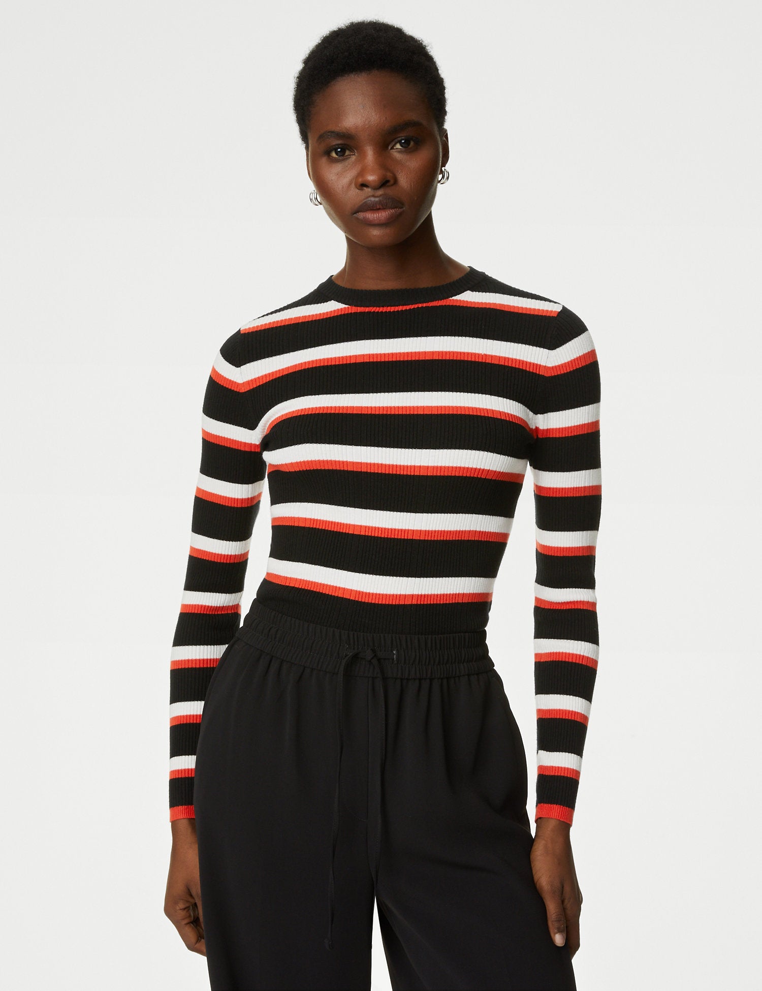 Ribbed Striped Crew Neck Knitted Top