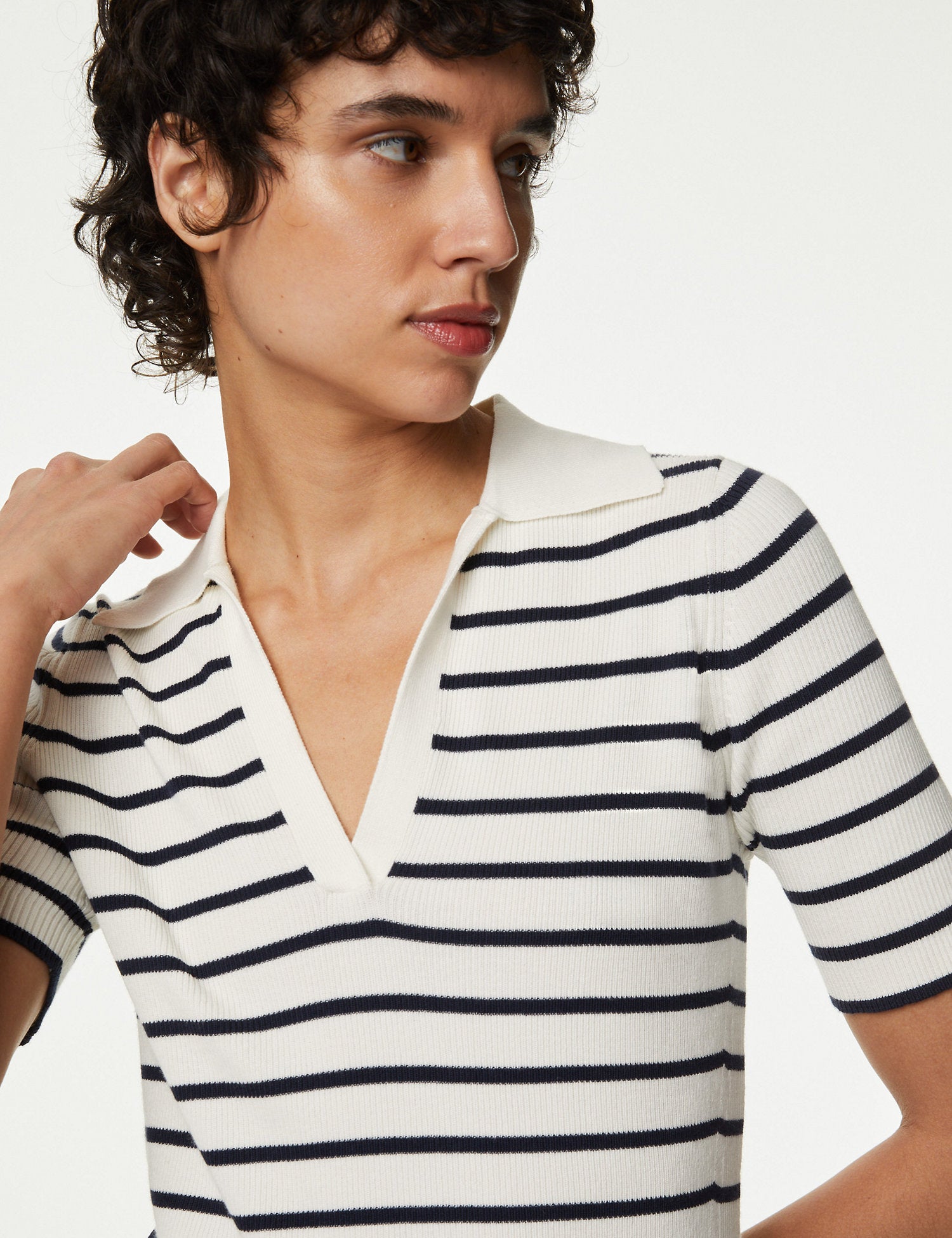 Cotton Rich Striped Collared Knitted Top