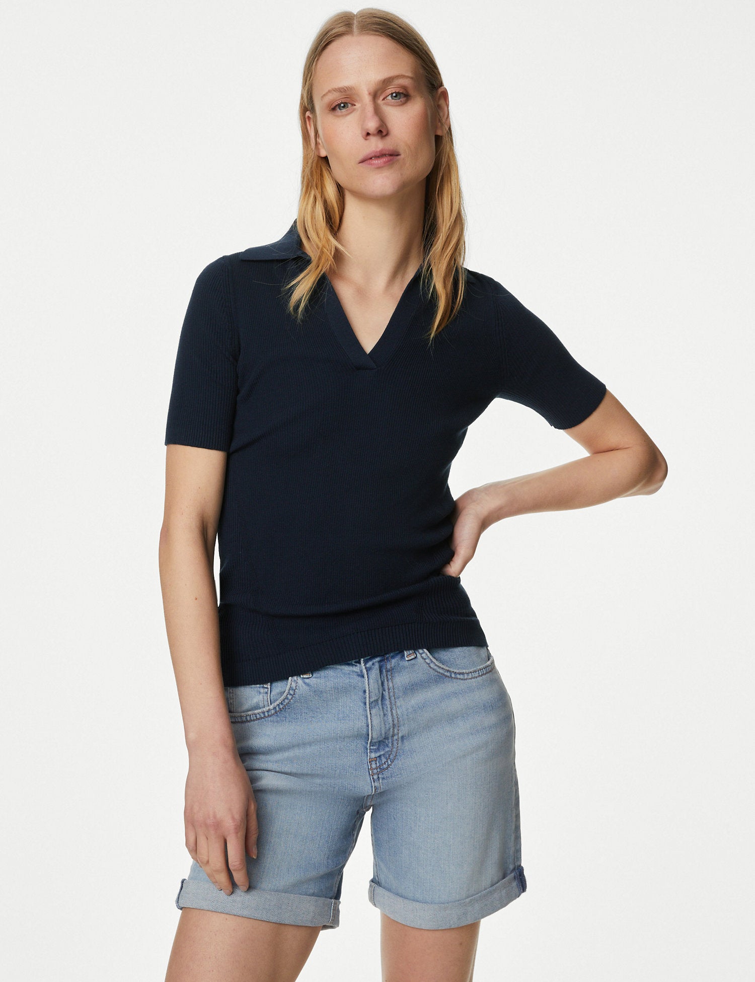 Cotton Rich Ribbed Collared Knitted Top