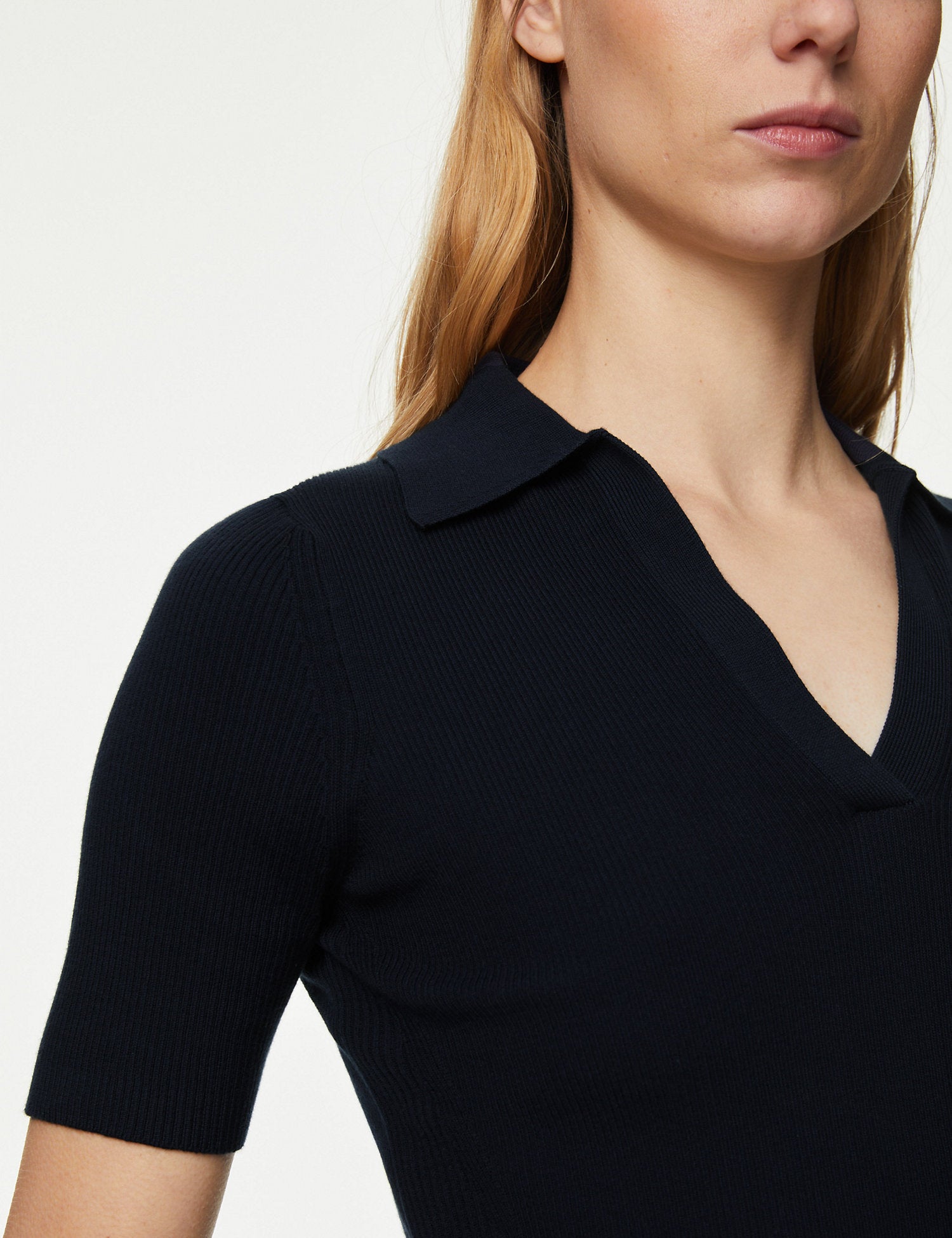 Cotton Rich Ribbed Collared Knitted Top