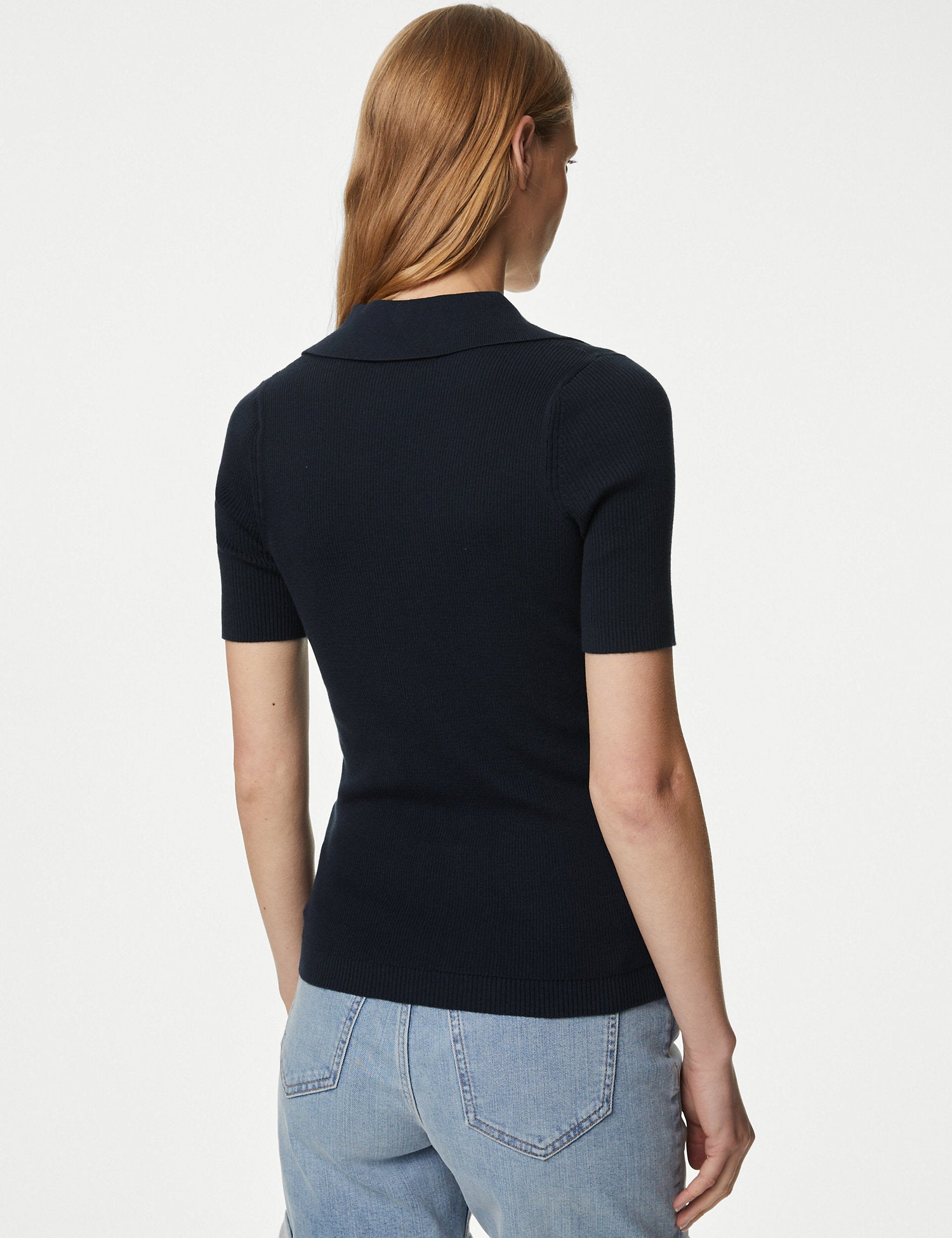 Cotton Rich Ribbed Collared Knitted Top