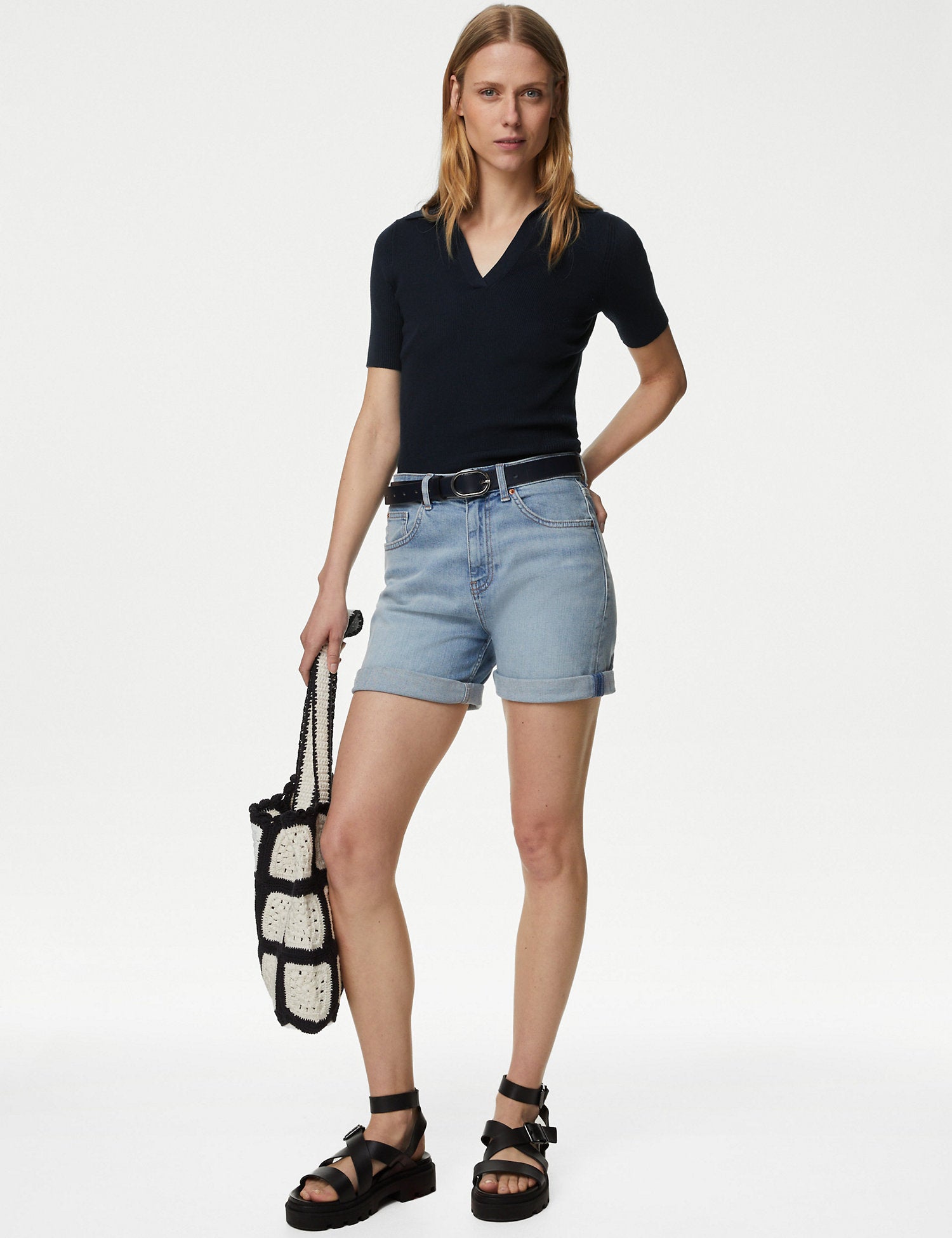 Cotton Rich Ribbed Collared Knitted Top