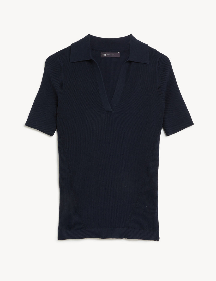 Cotton Rich Ribbed Collared Knitted Top