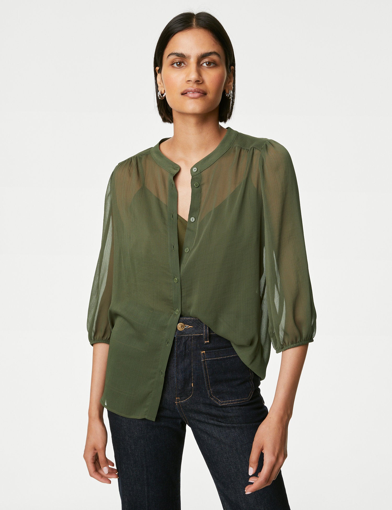 Crew Neck Button Through Blouse