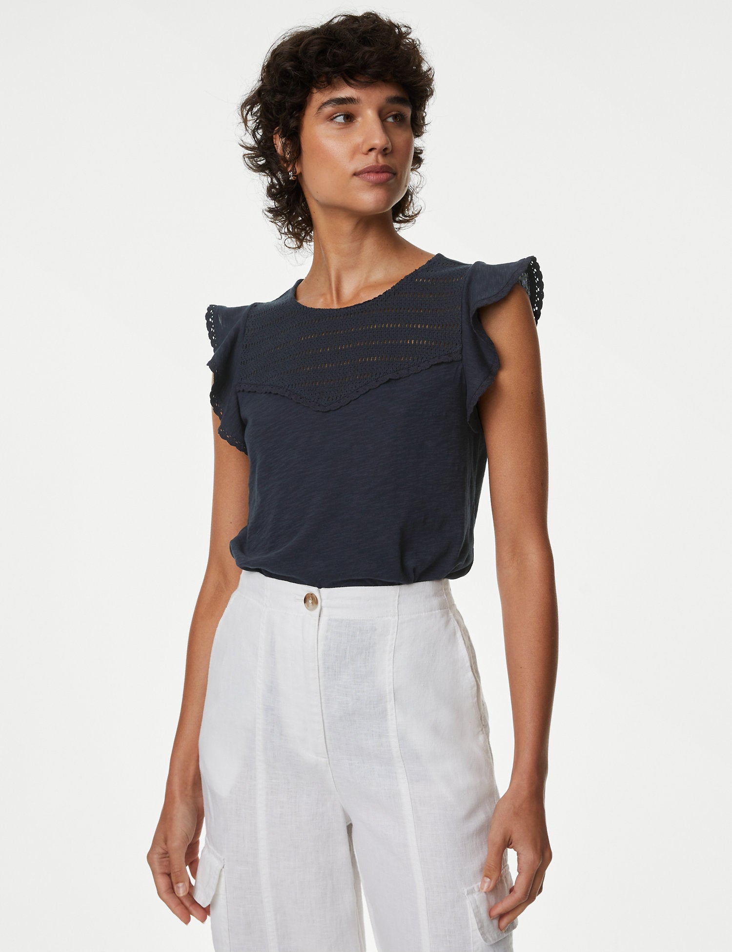 Pure Cotton Embroidered Frill Detail Top