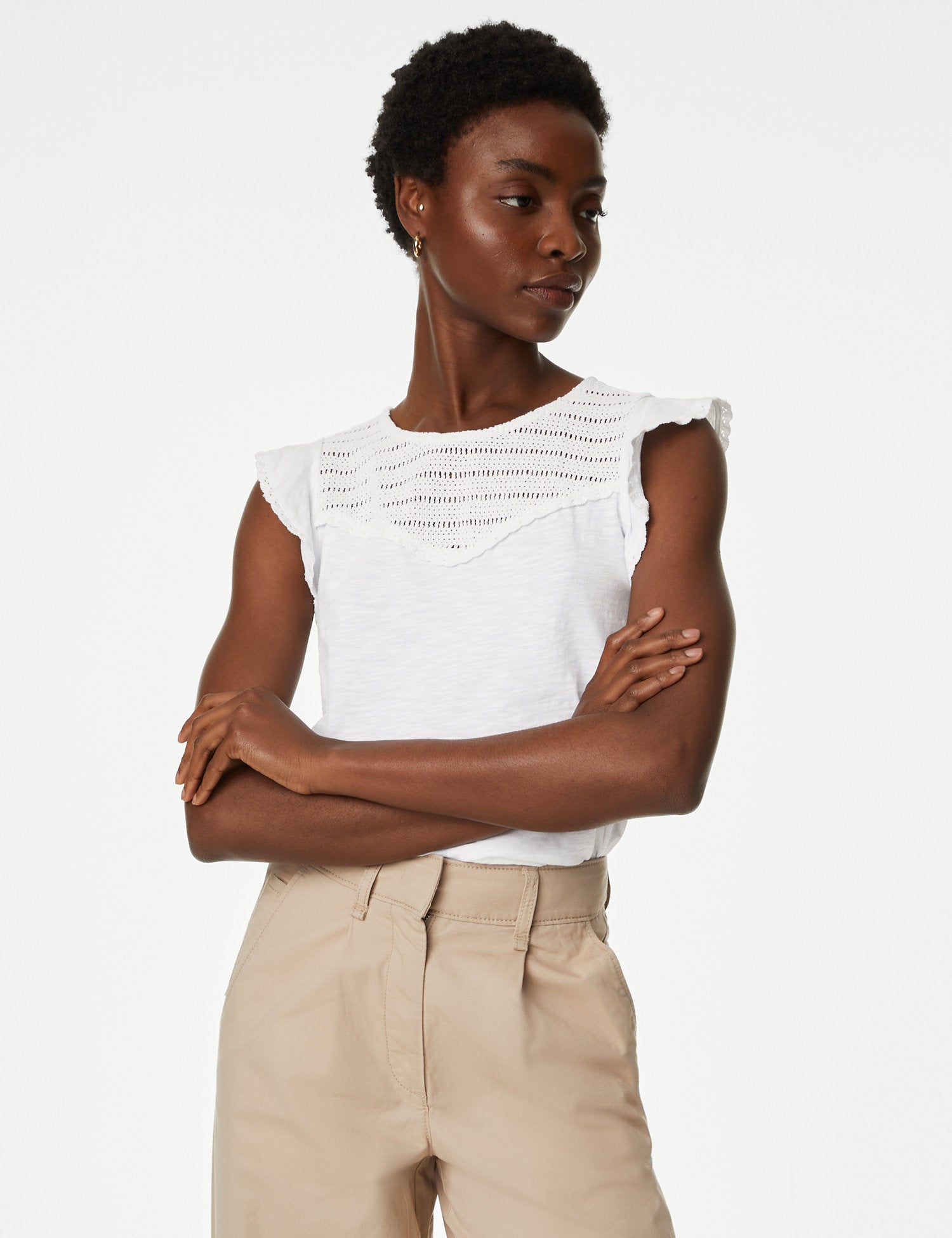 Pure Cotton Embroidered Frill Detail Top