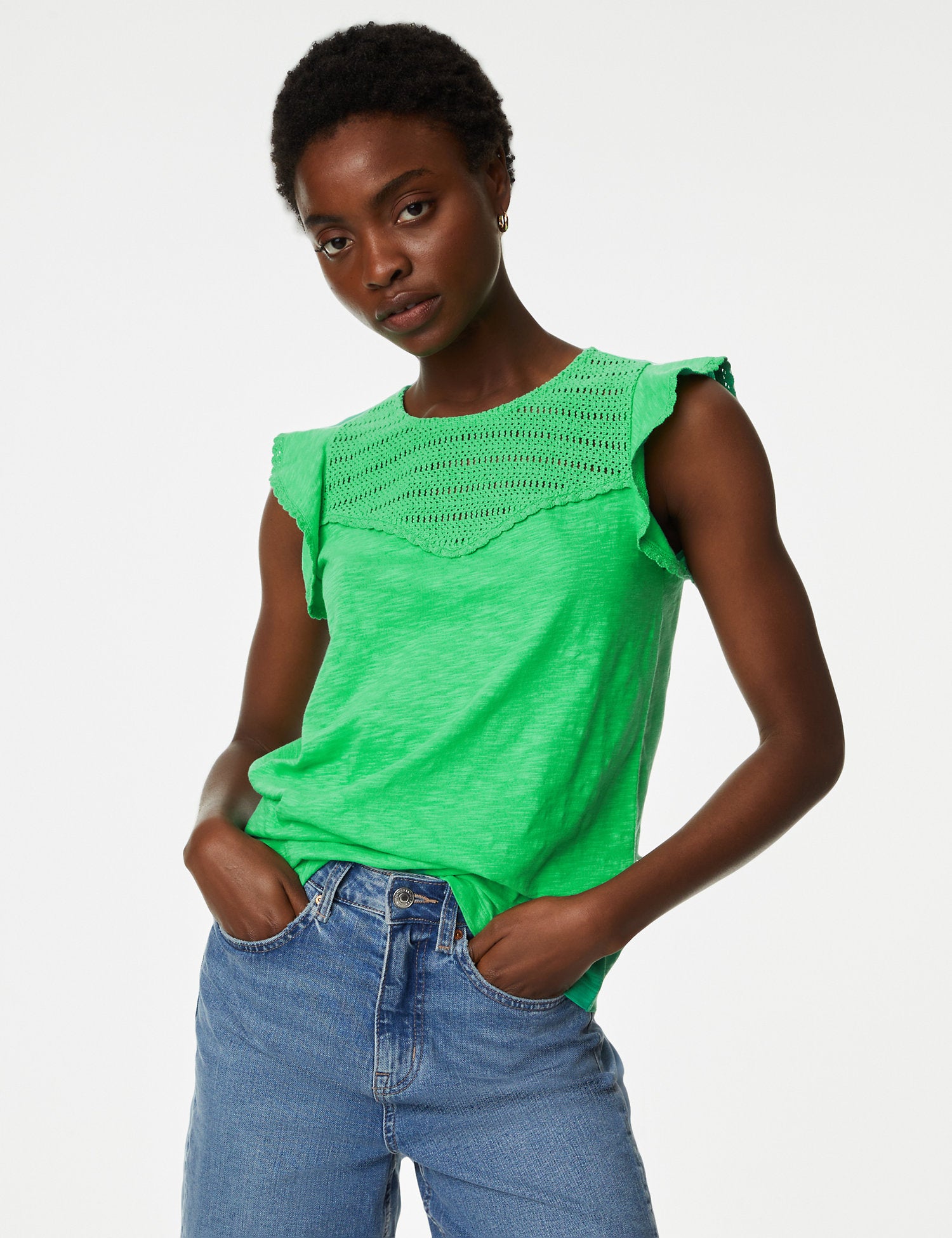 Pure Cotton Embroidered Frill Detail Top