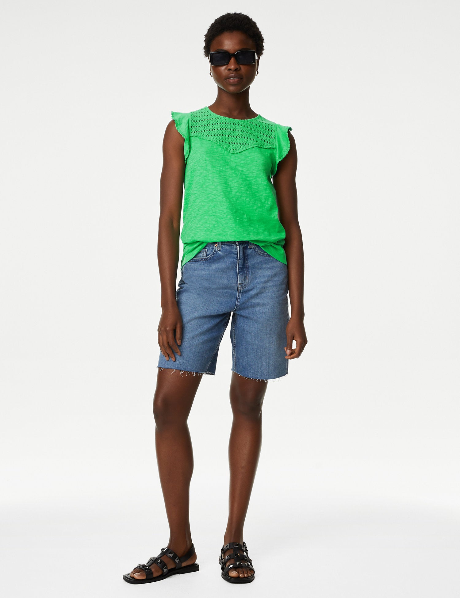 Pure Cotton Embroidered Frill Detail Top
