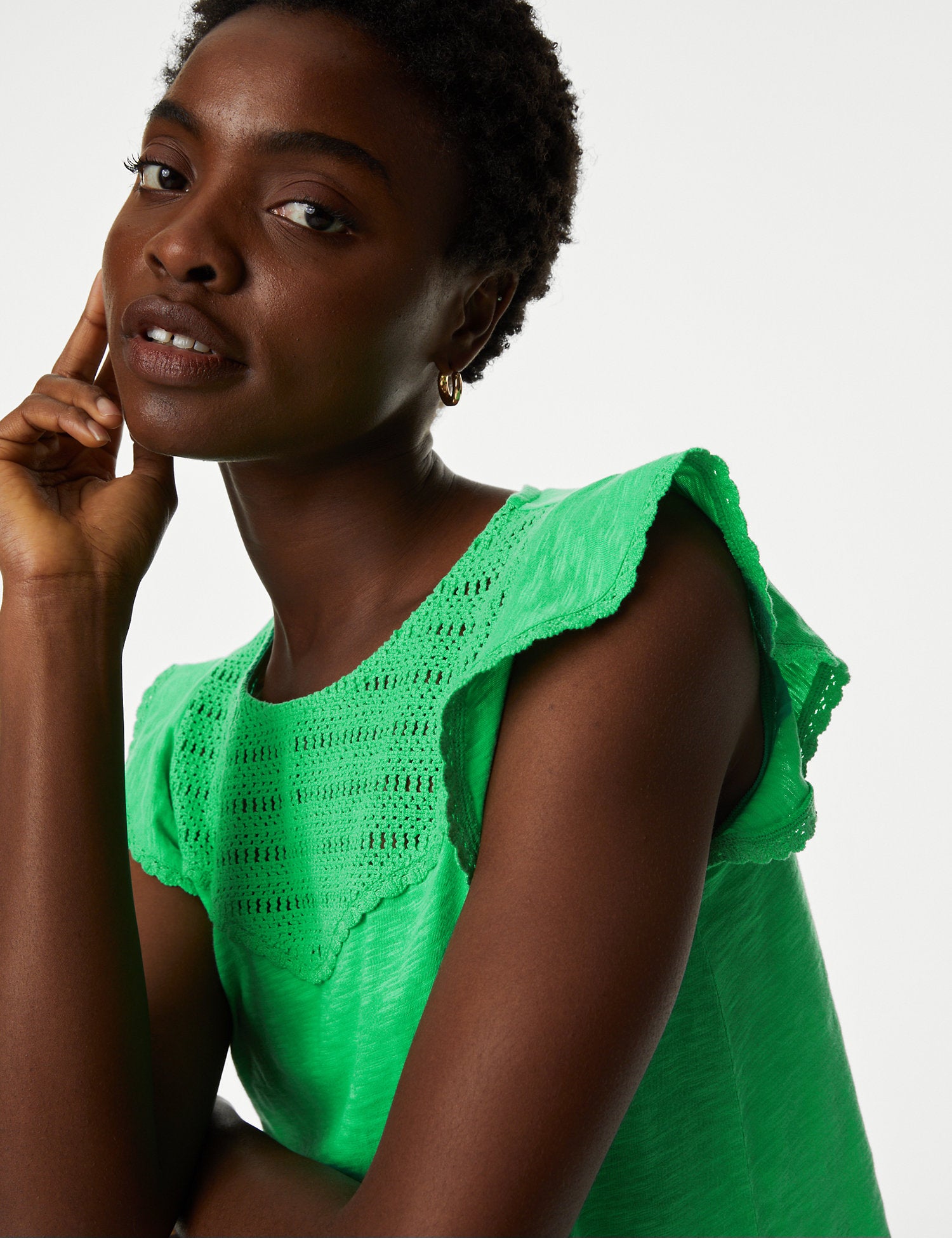 Pure Cotton Embroidered Frill Detail Top