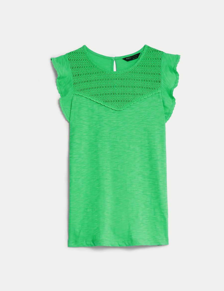 Pure Cotton Embroidered Frill Detail Top