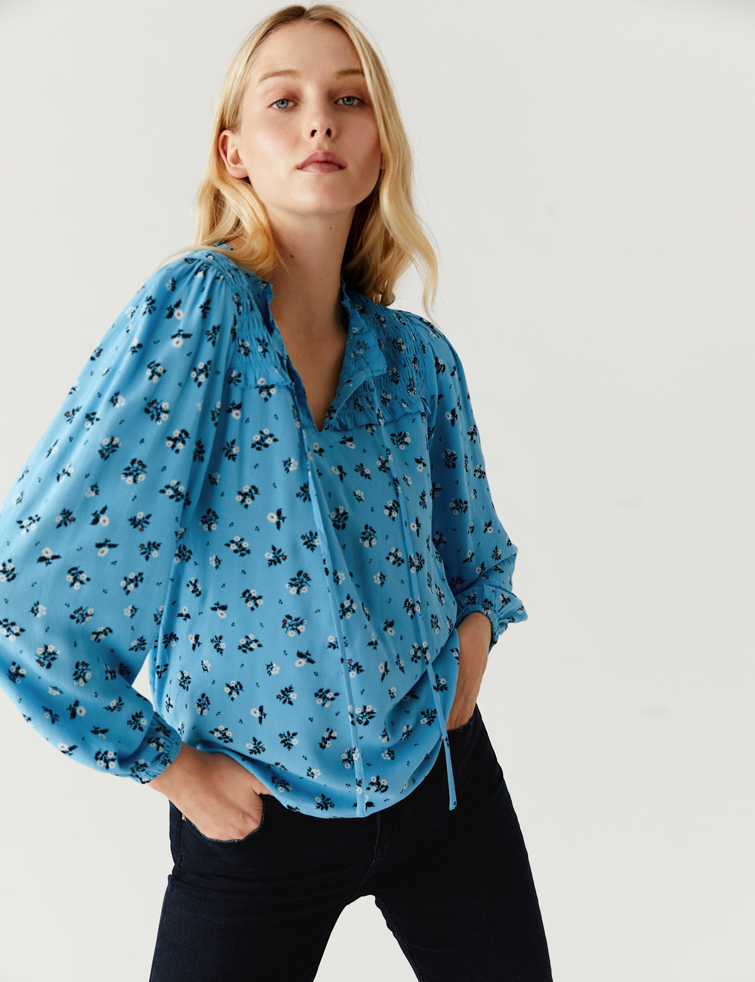 Printed Smocked Long Sleeve Popover Blouse