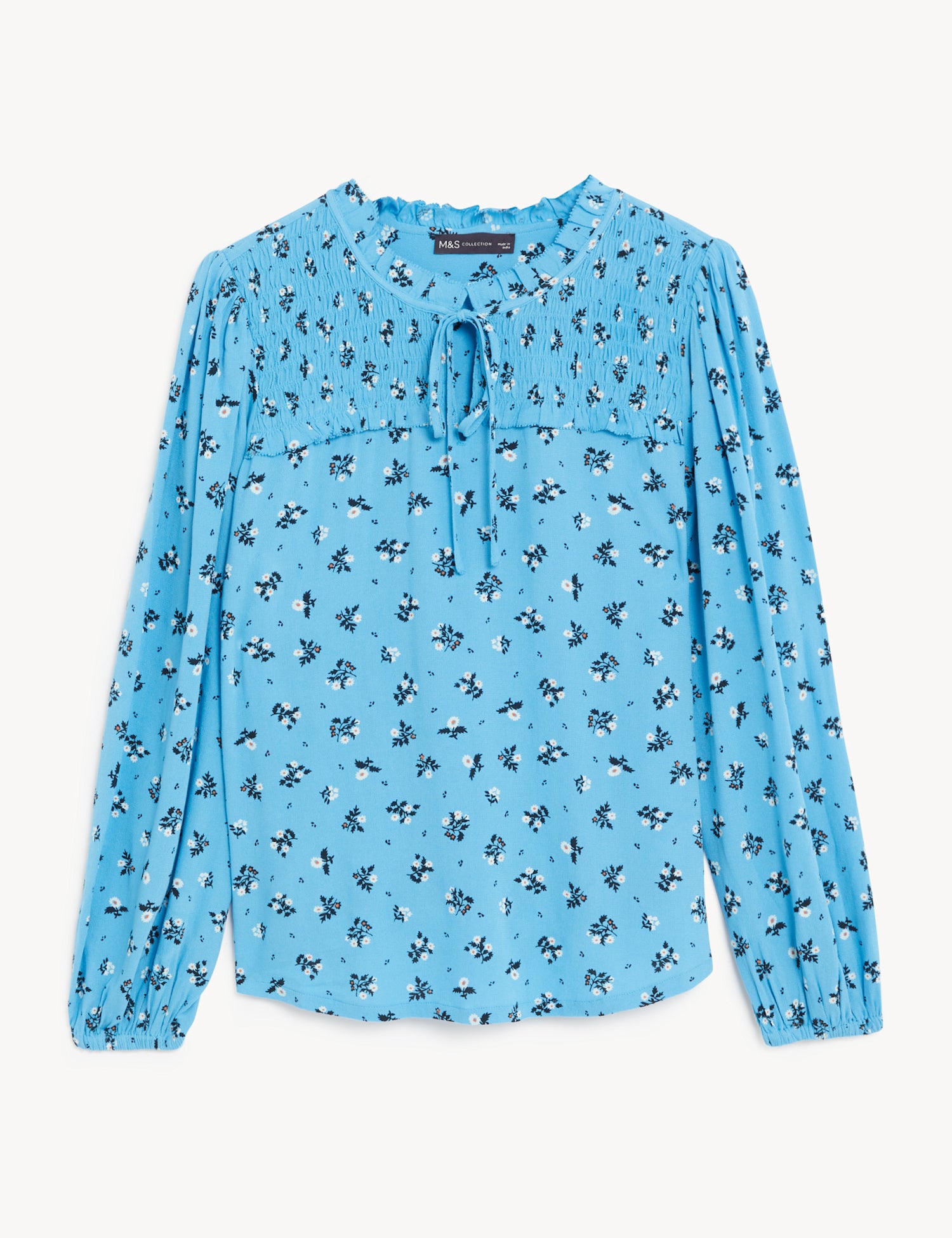 Printed Smocked Long Sleeve Popover Blouse