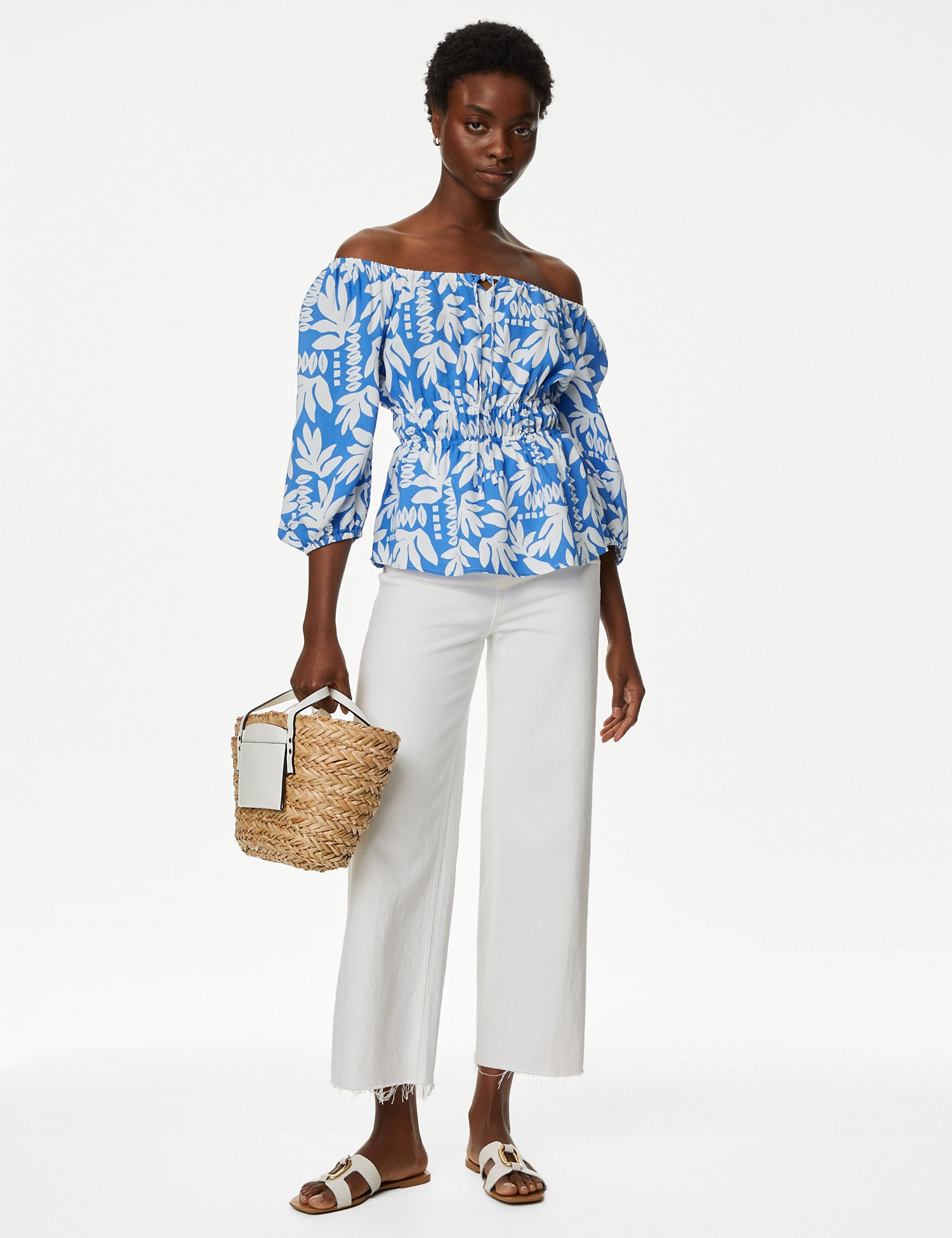 Printed Blouson Sleeve Peplum Top