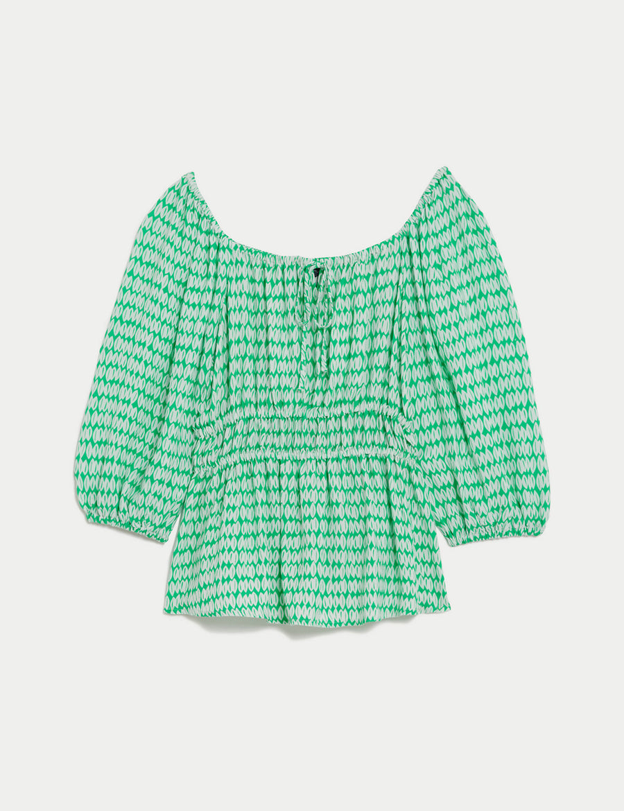 Printed Blouson Sleeve Peplum Top