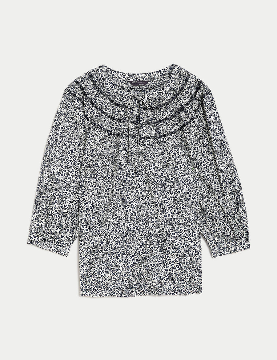 Pure Cotton Floral Tie Neck Smocked Blouse