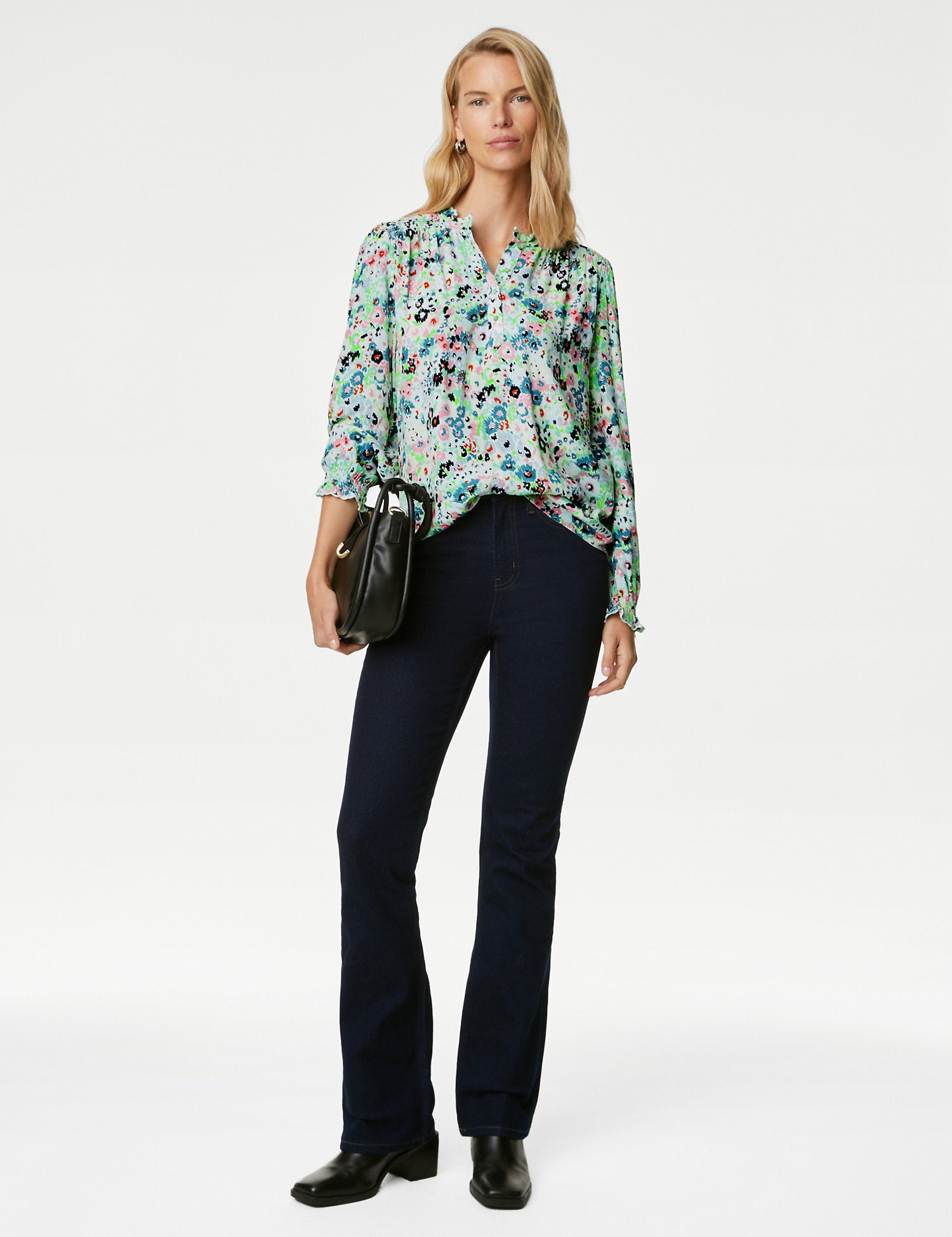 Printed V-Neck Ruffle Popover Blouse