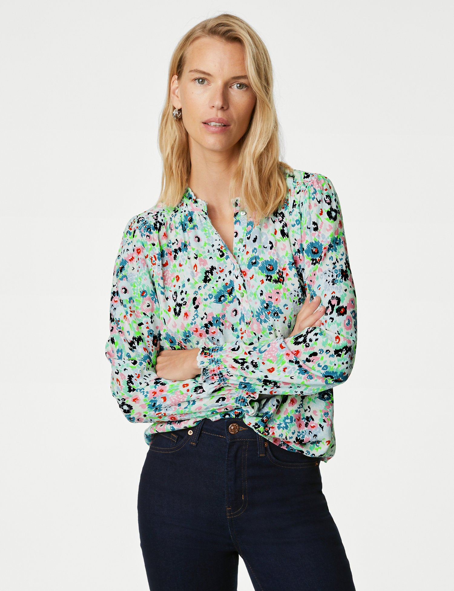 Printed V-Neck Ruffle Popover Blouse