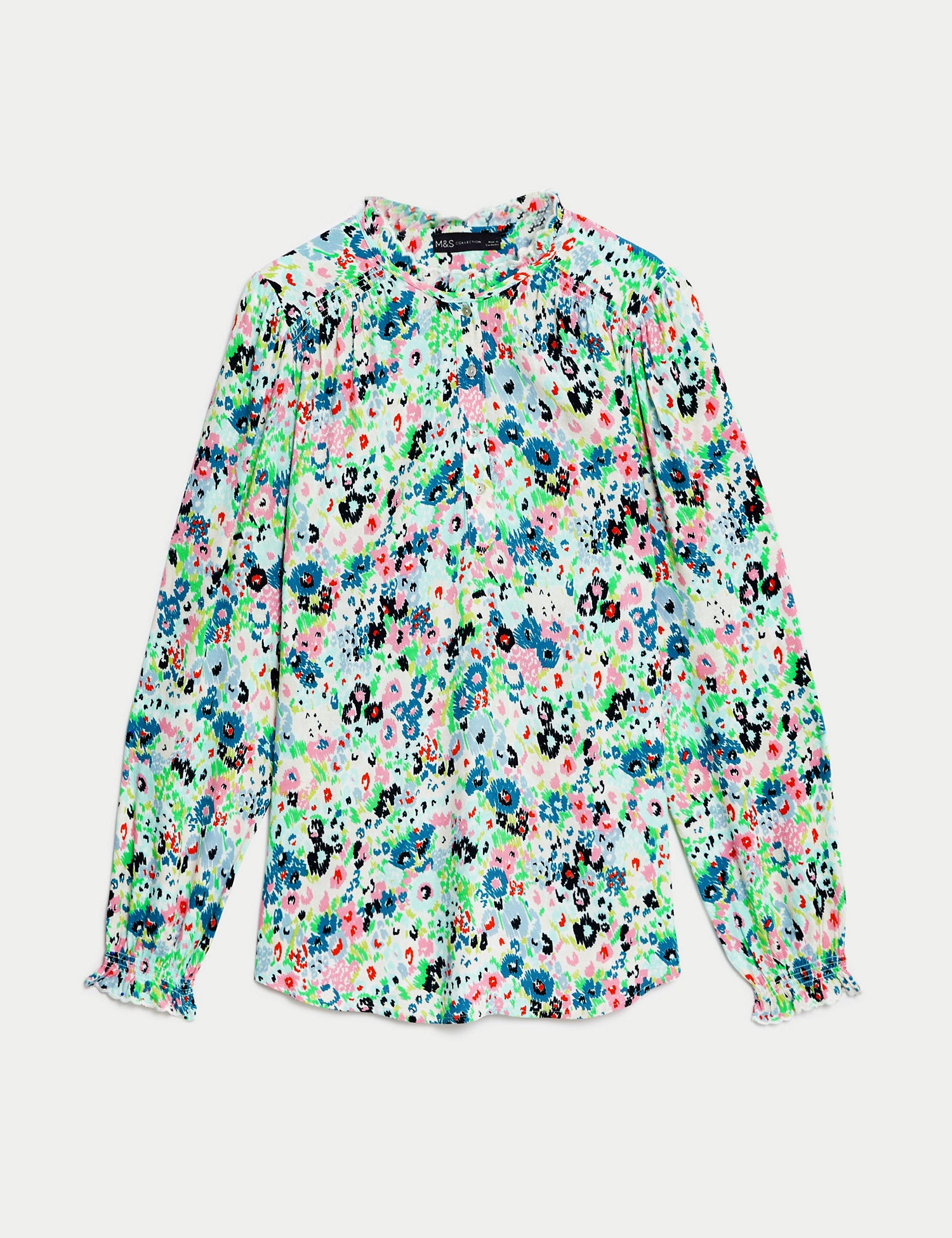 Printed V-Neck Ruffle Popover Blouse