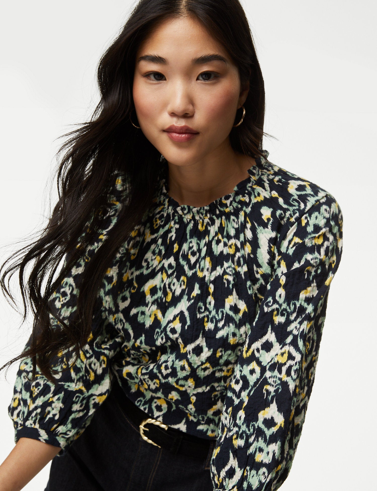 Cotton Rich Printed Blouson Sleeve Blouse