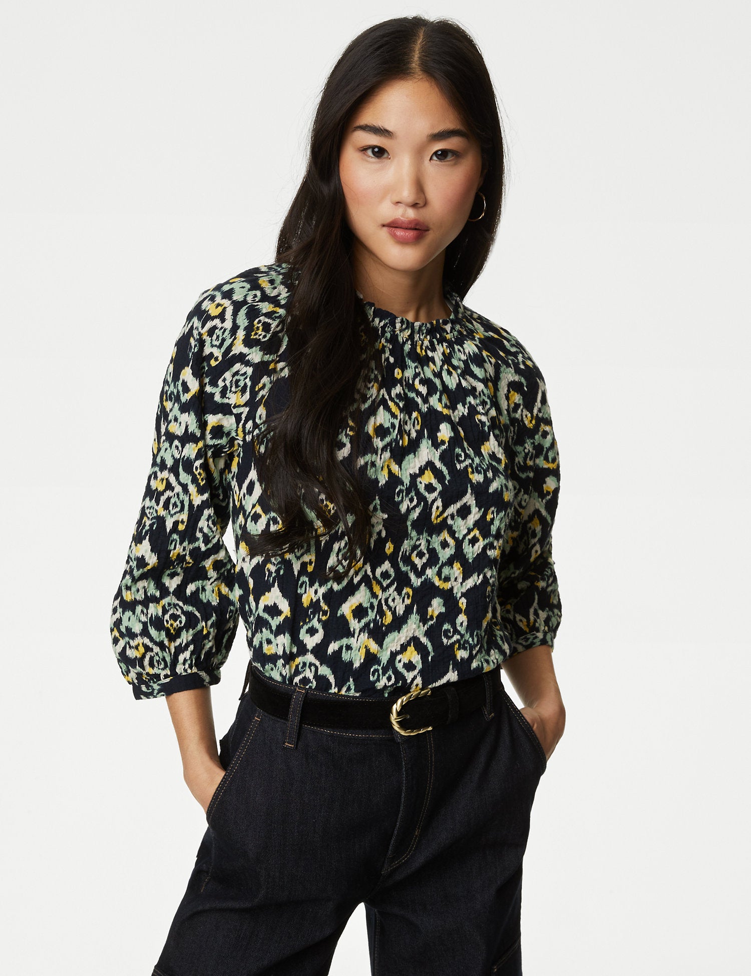 Cotton Rich Printed Blouson Sleeve Blouse