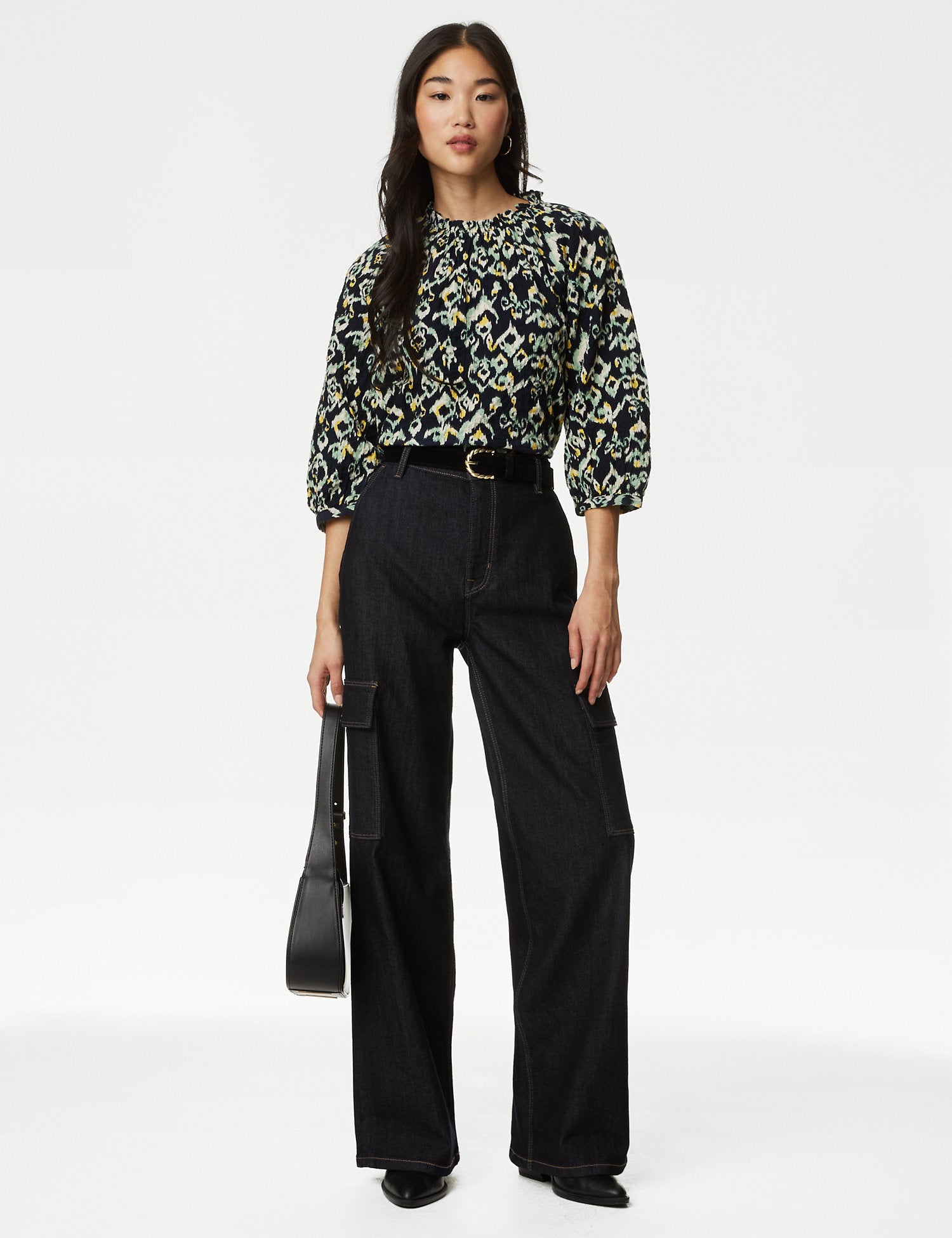 Cotton Rich Printed Blouson Sleeve Blouse