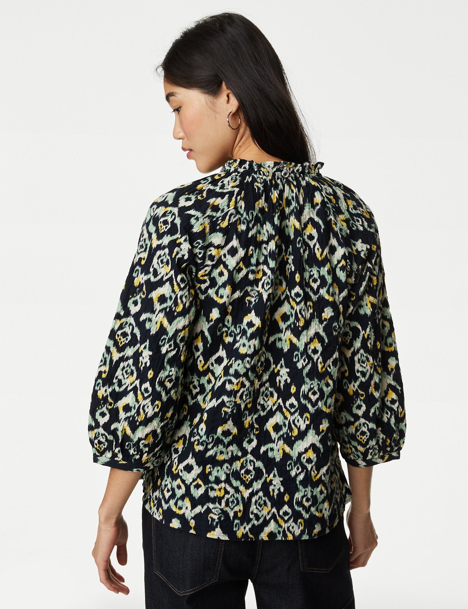 Cotton Rich Printed Blouson Sleeve Blouse
