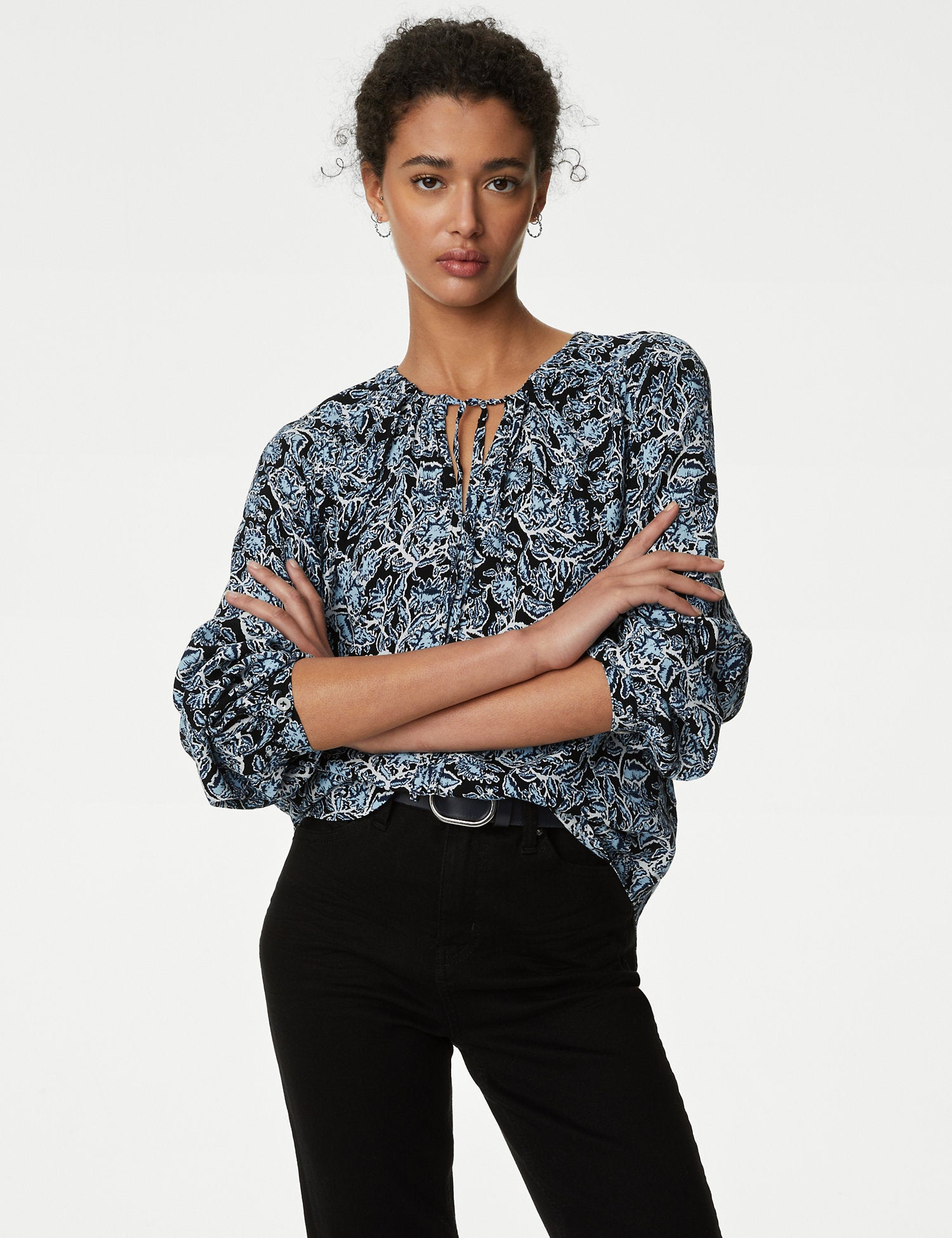 Printed Tie Neck Relaxed Blouse