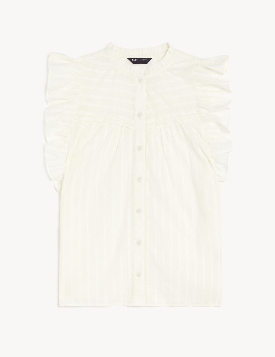 Pure Cotton High Neck Ruffle Blouse