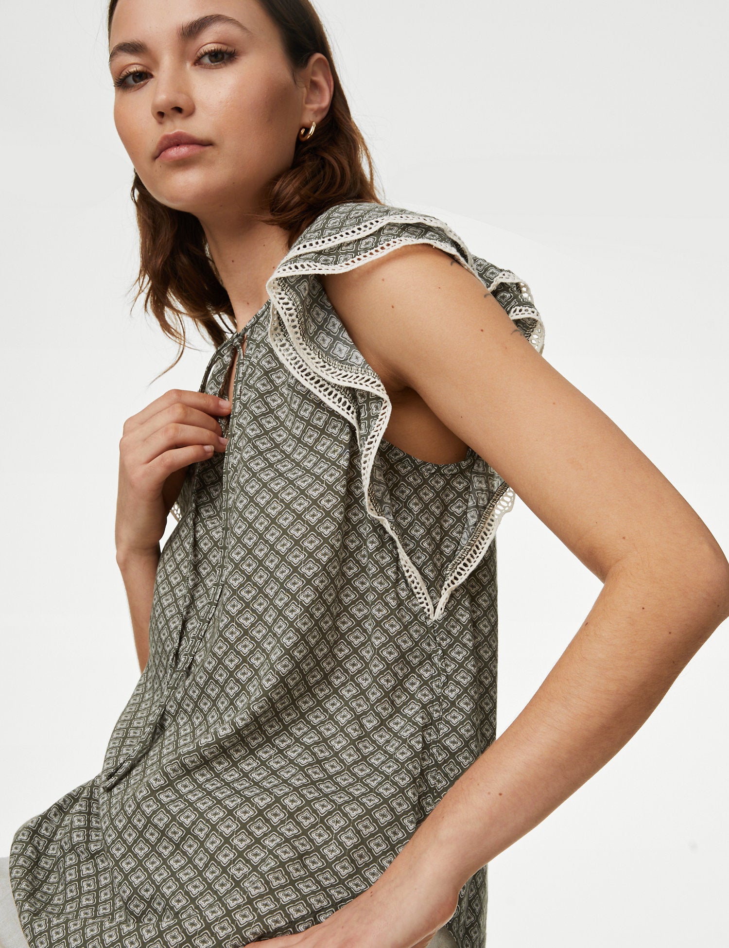 Cotton Blend Printed Tie Neck Blouse