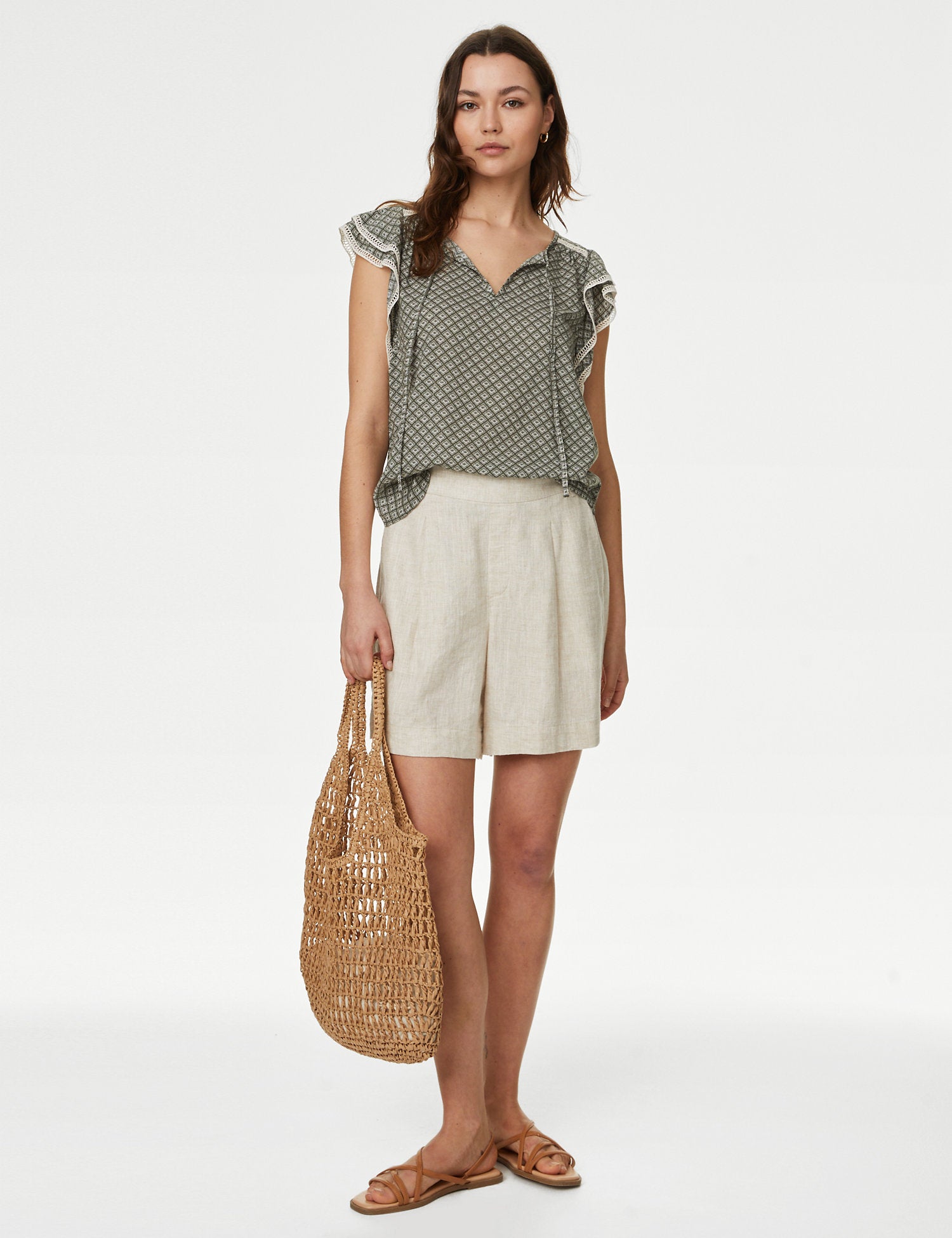 Cotton Blend Printed Tie Neck Blouse