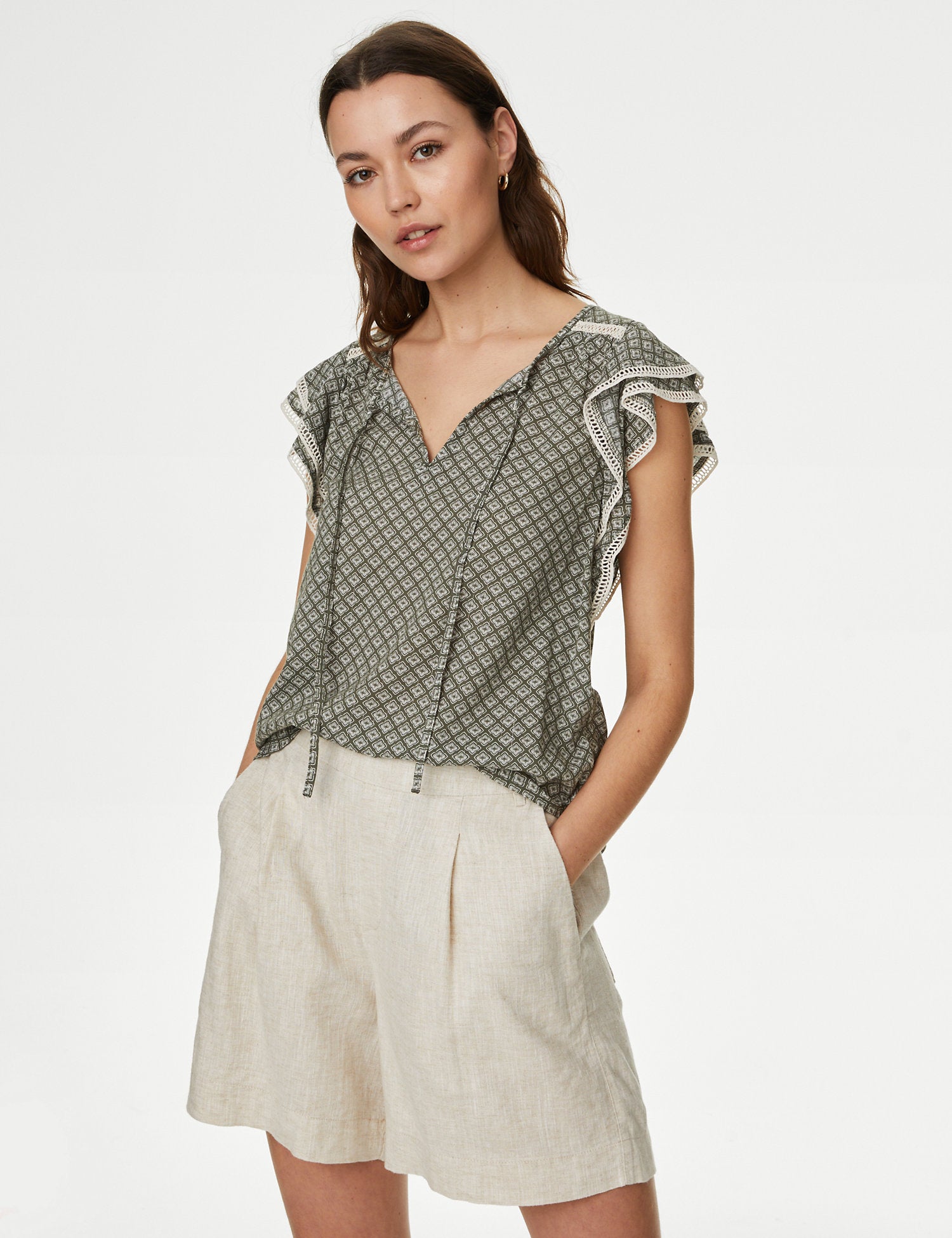 Cotton Blend Printed Tie Neck Blouse