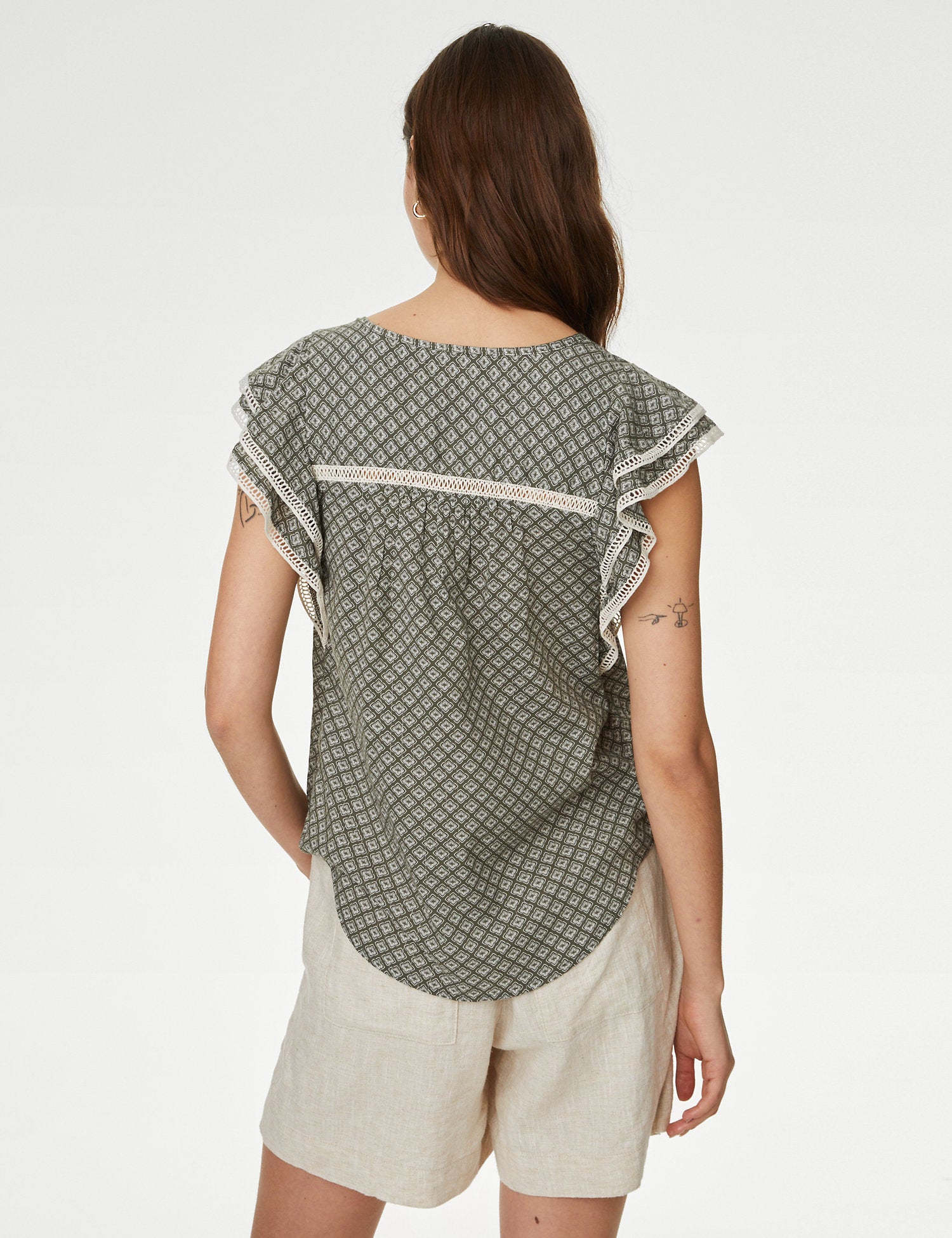 Cotton Blend Printed Tie Neck Blouse