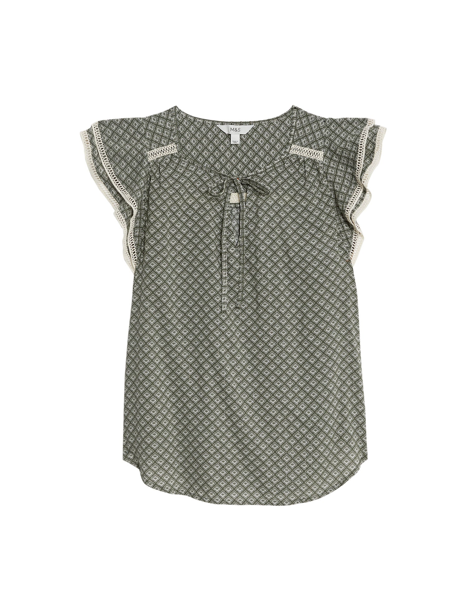 Cotton Blend Printed Tie Neck Blouse