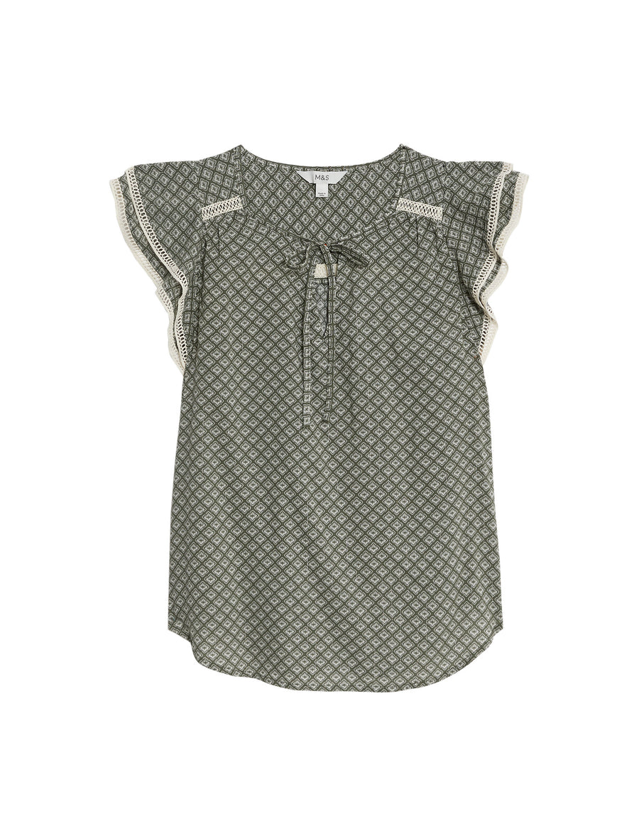 Cotton Blend Printed Tie Neck Blouse