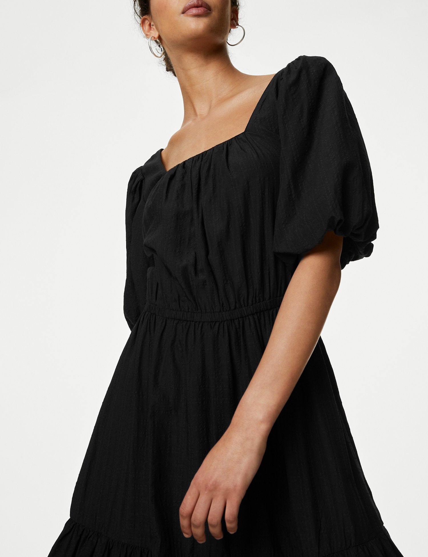 Textured Square Neck Midi Tiered Dress