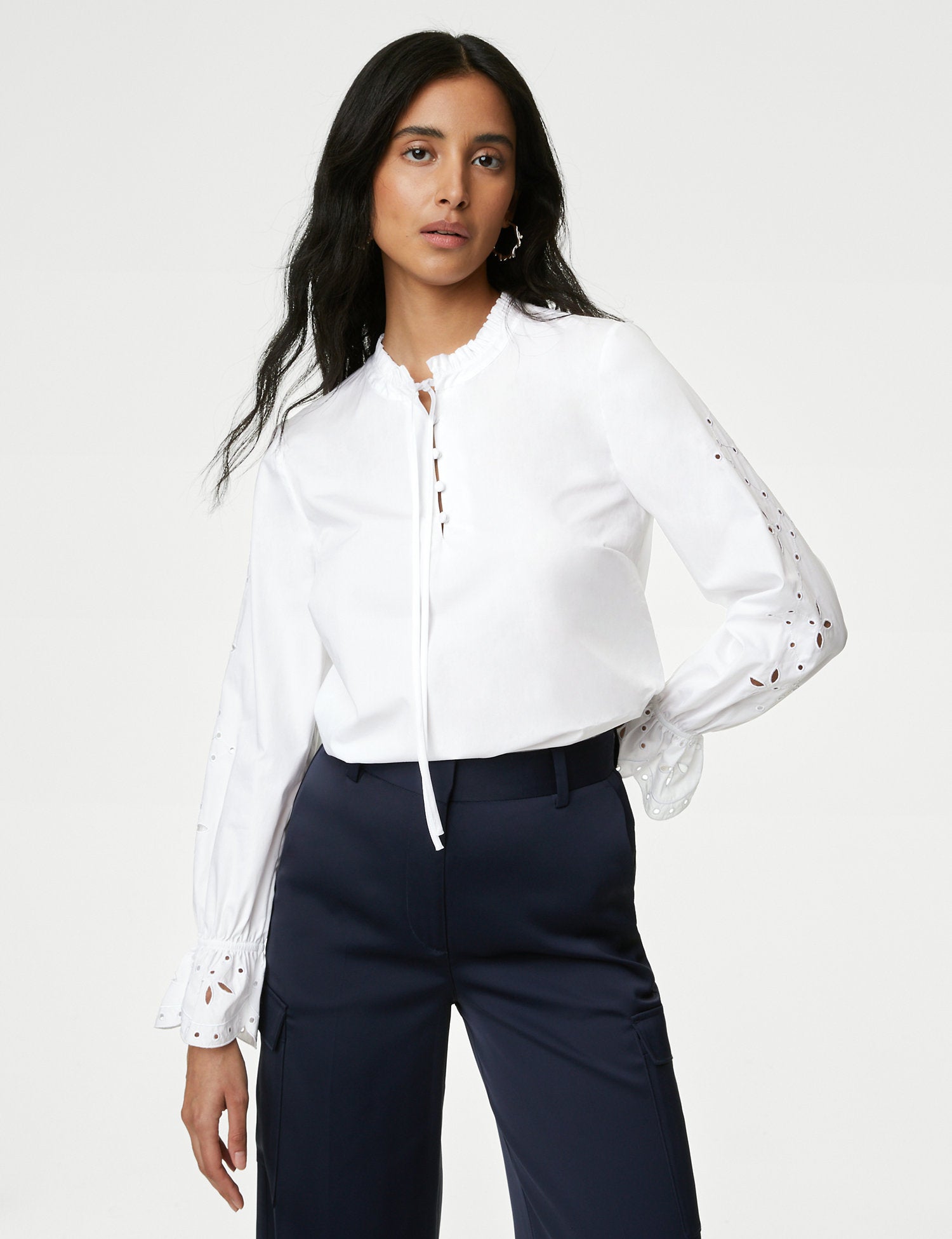 Pure Cotton Broderie Tie Front Blouse