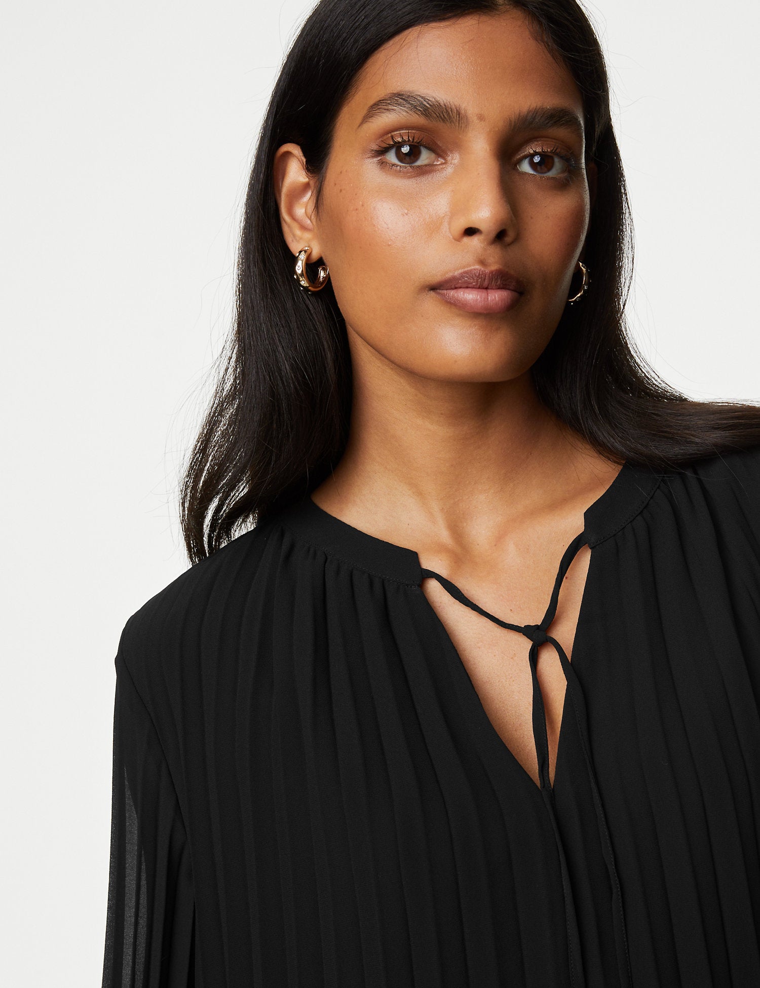 Pleated Tie Neck Popover Blouse