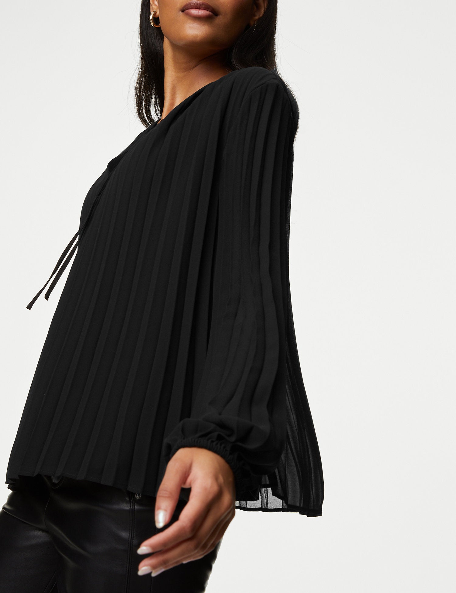 Pleated Tie Neck Popover Blouse