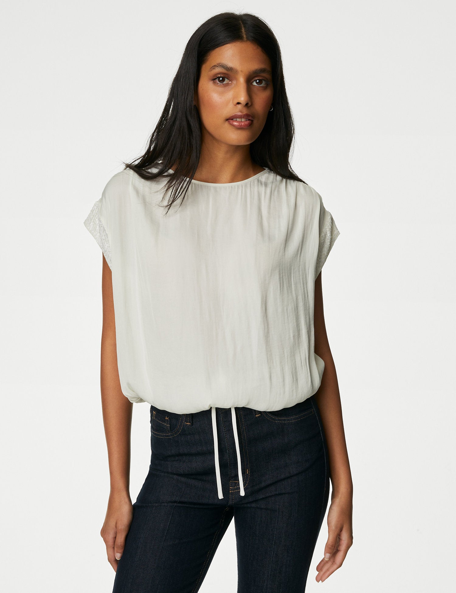 Satin Sequin Round Neck Drawstring Blouse