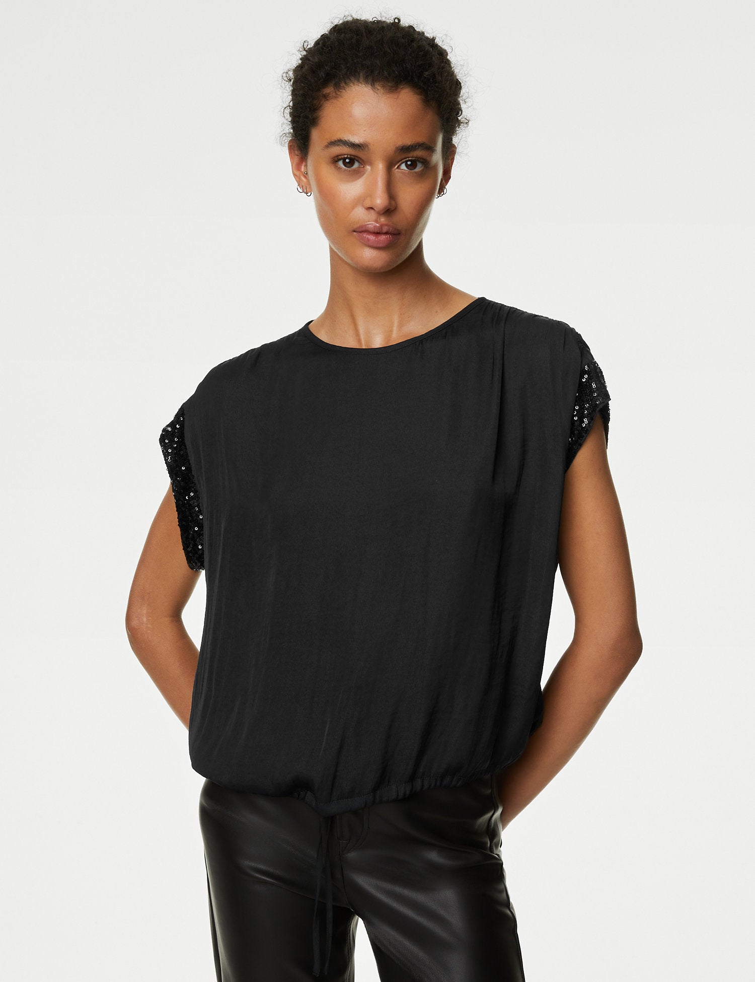 Satin Sequin Round Neck Drawstring Blouse
