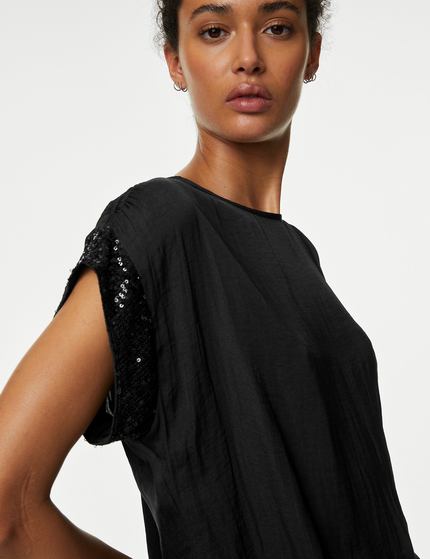 Satin Sequin Round Neck Drawstring Blouse