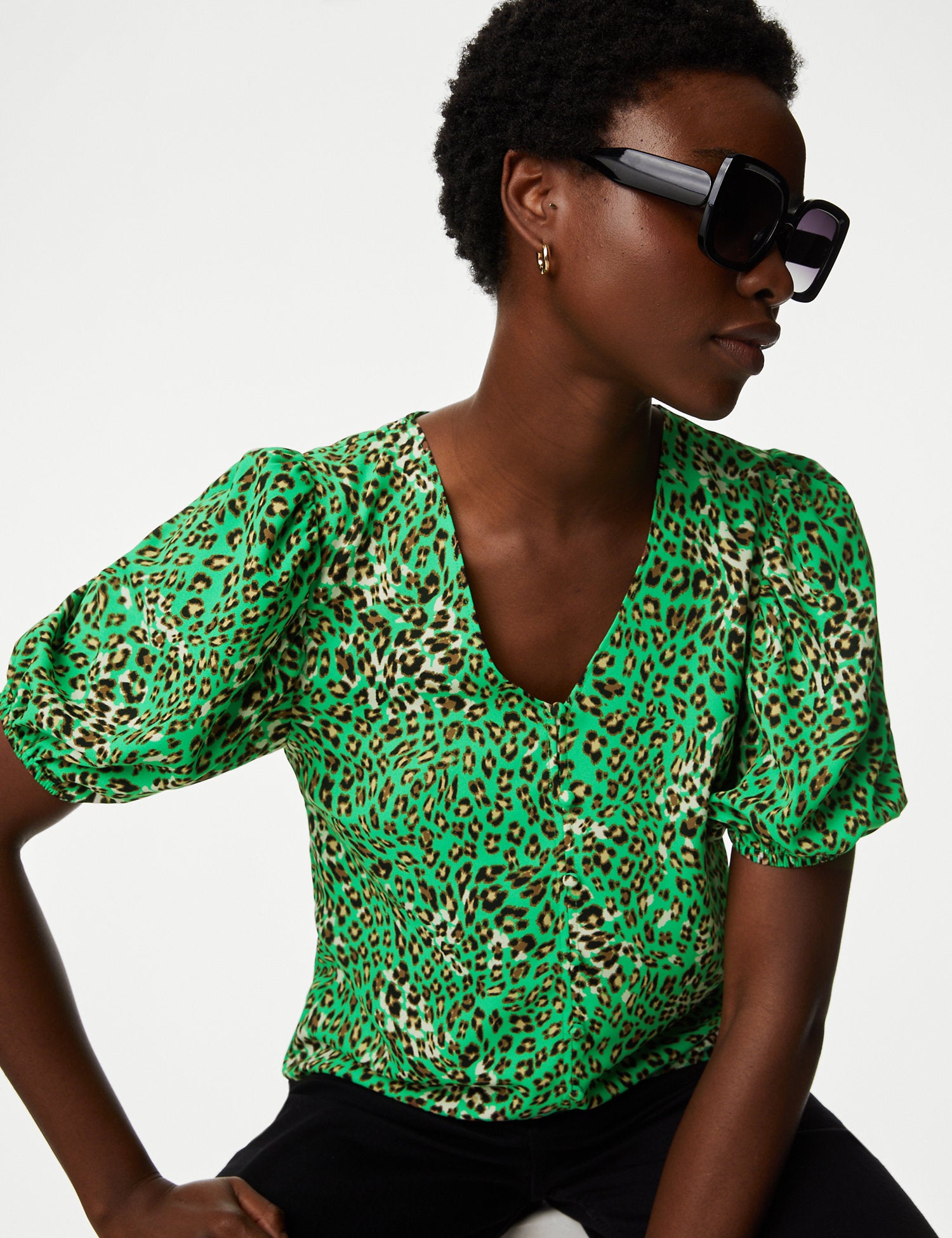 Printed V-Neck Puff Sleeve Blouse