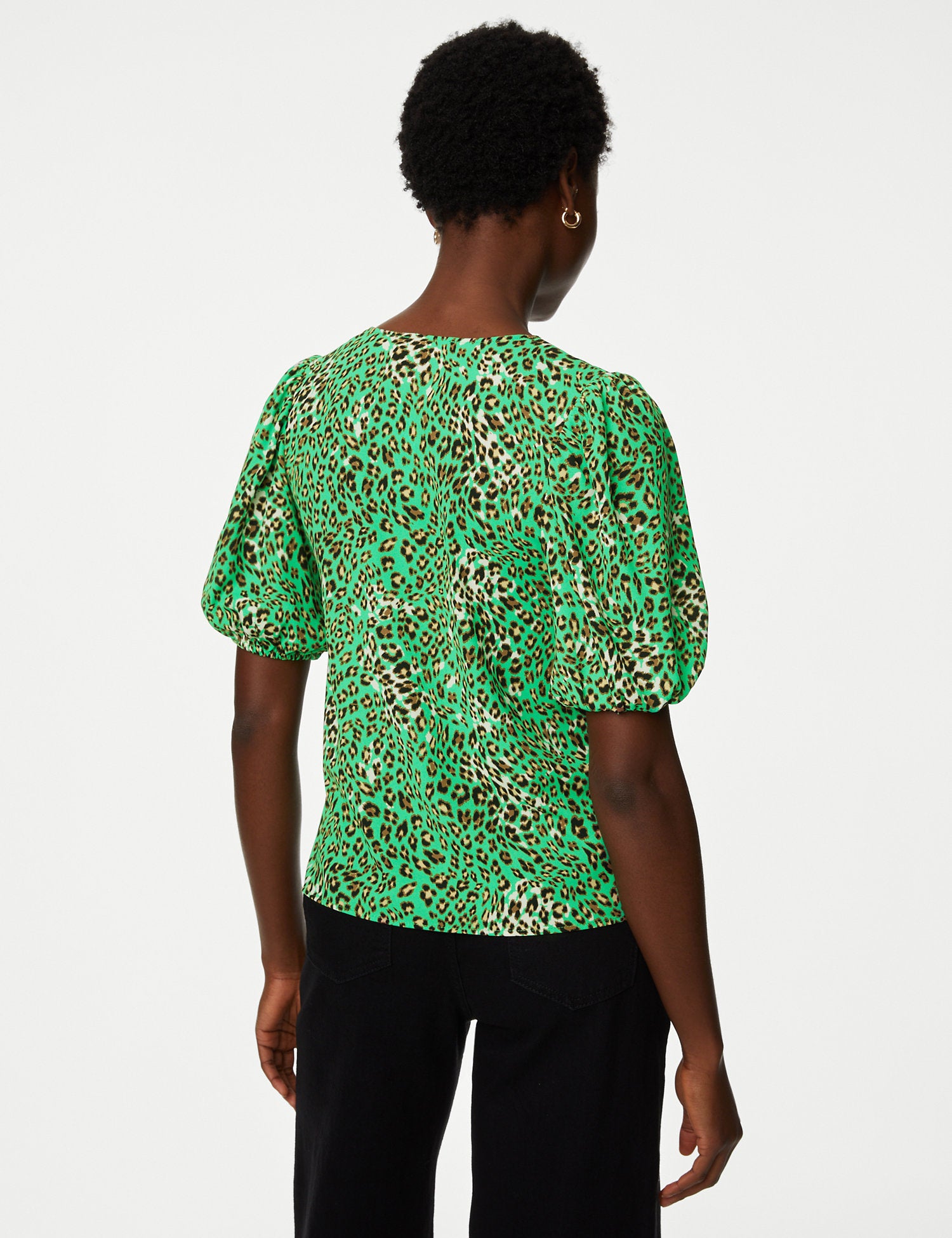 Printed V-Neck Puff Sleeve Blouse
