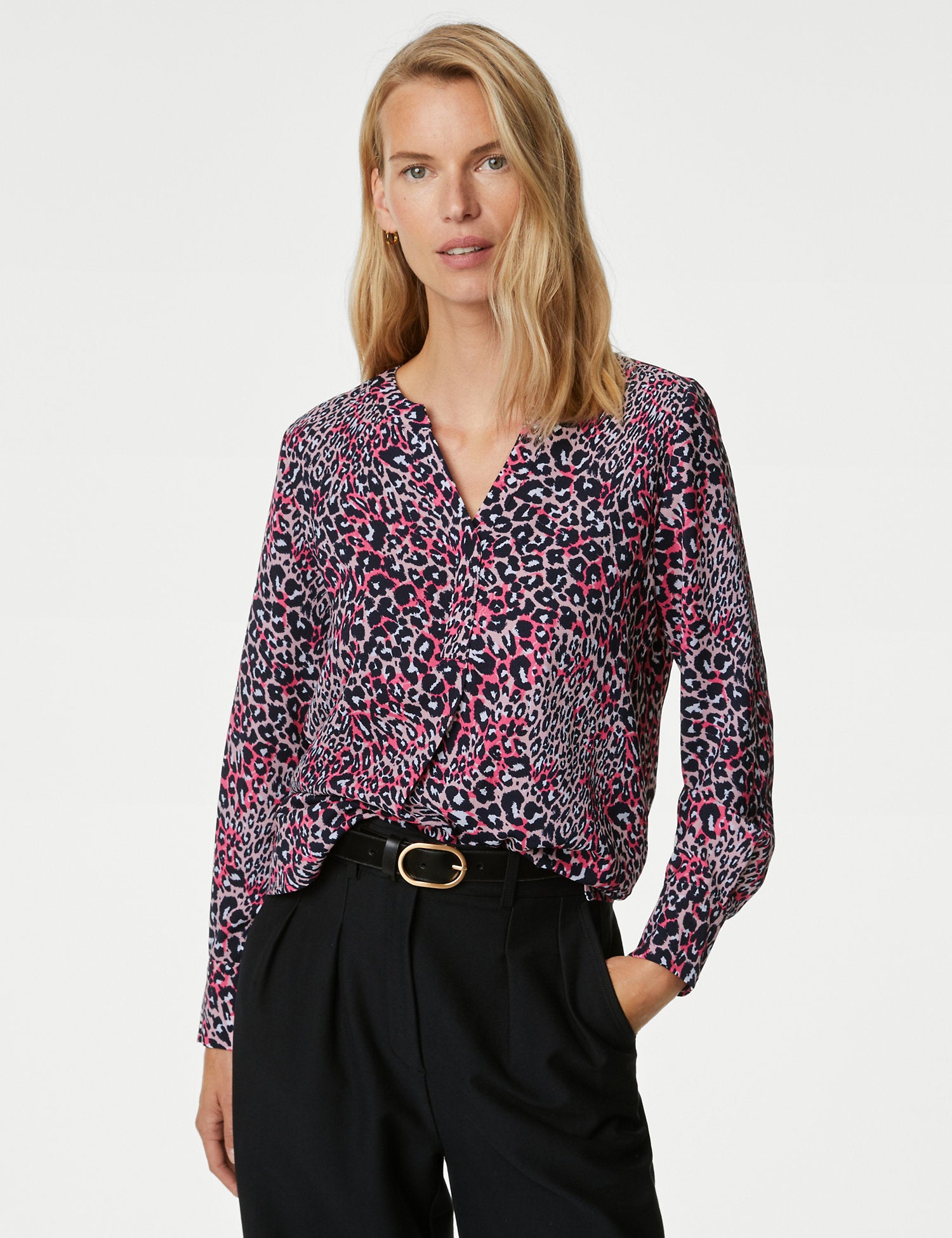 Printed V-Neck Popover Blouse