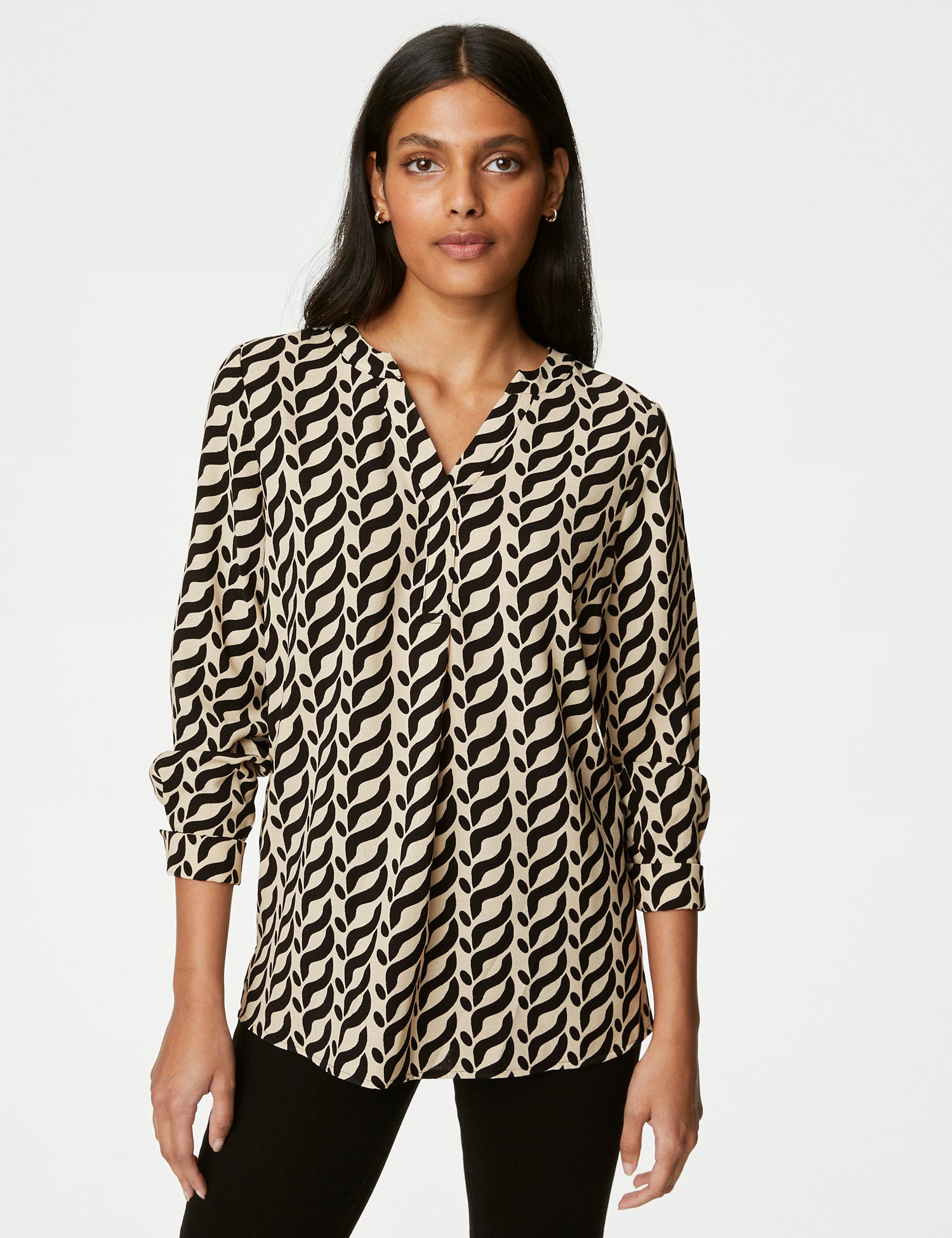 Printed V-Neck Popover Blouse