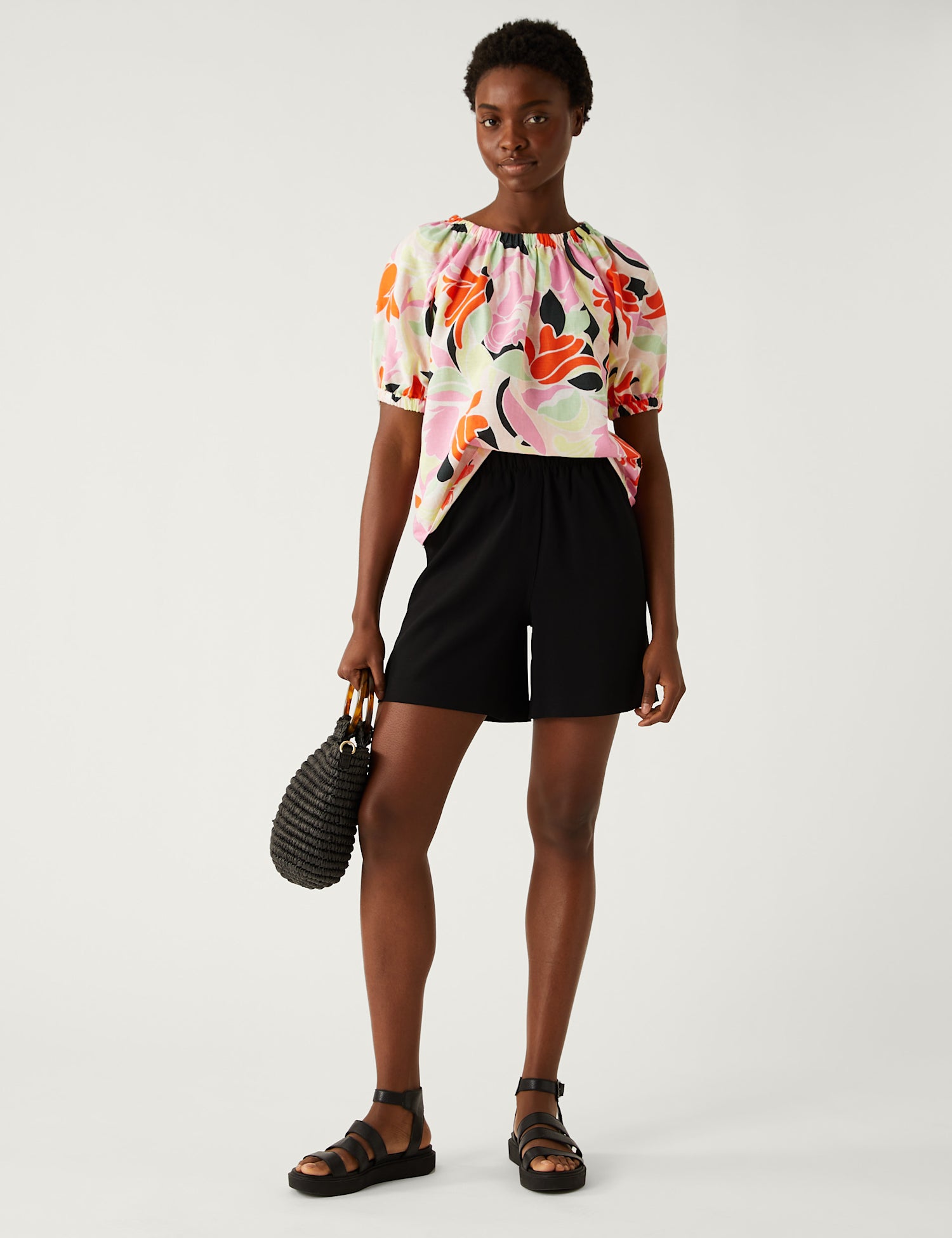 Linen Rich Printed Puff Sleeve Blouse