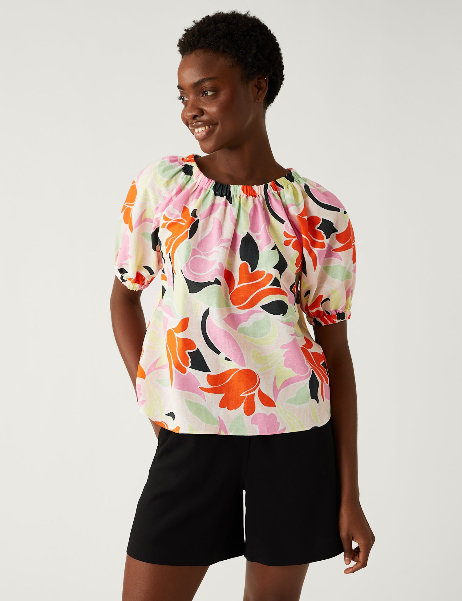 Linen Rich Printed Puff Sleeve Blouse