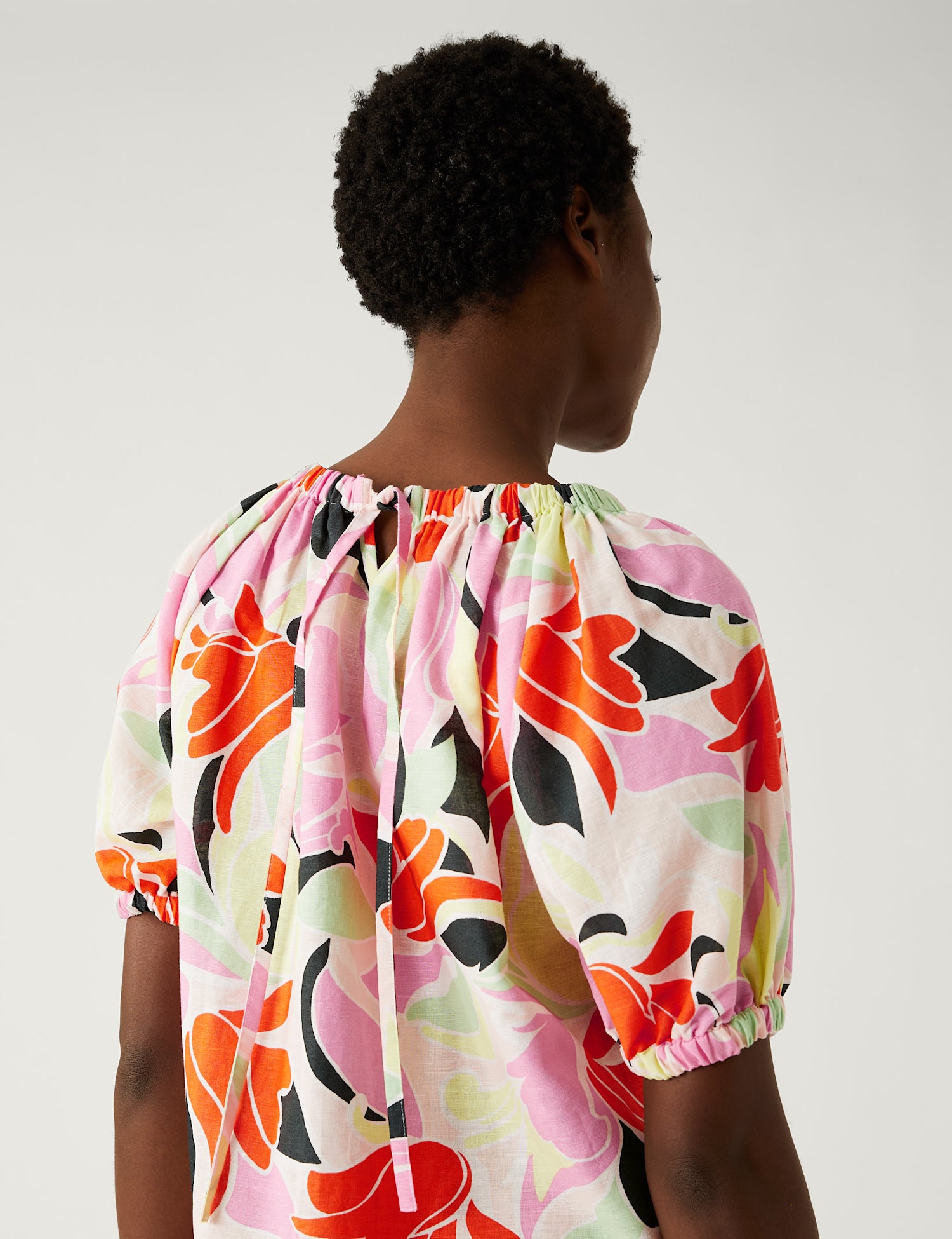 Linen Rich Printed Puff Sleeve Blouse