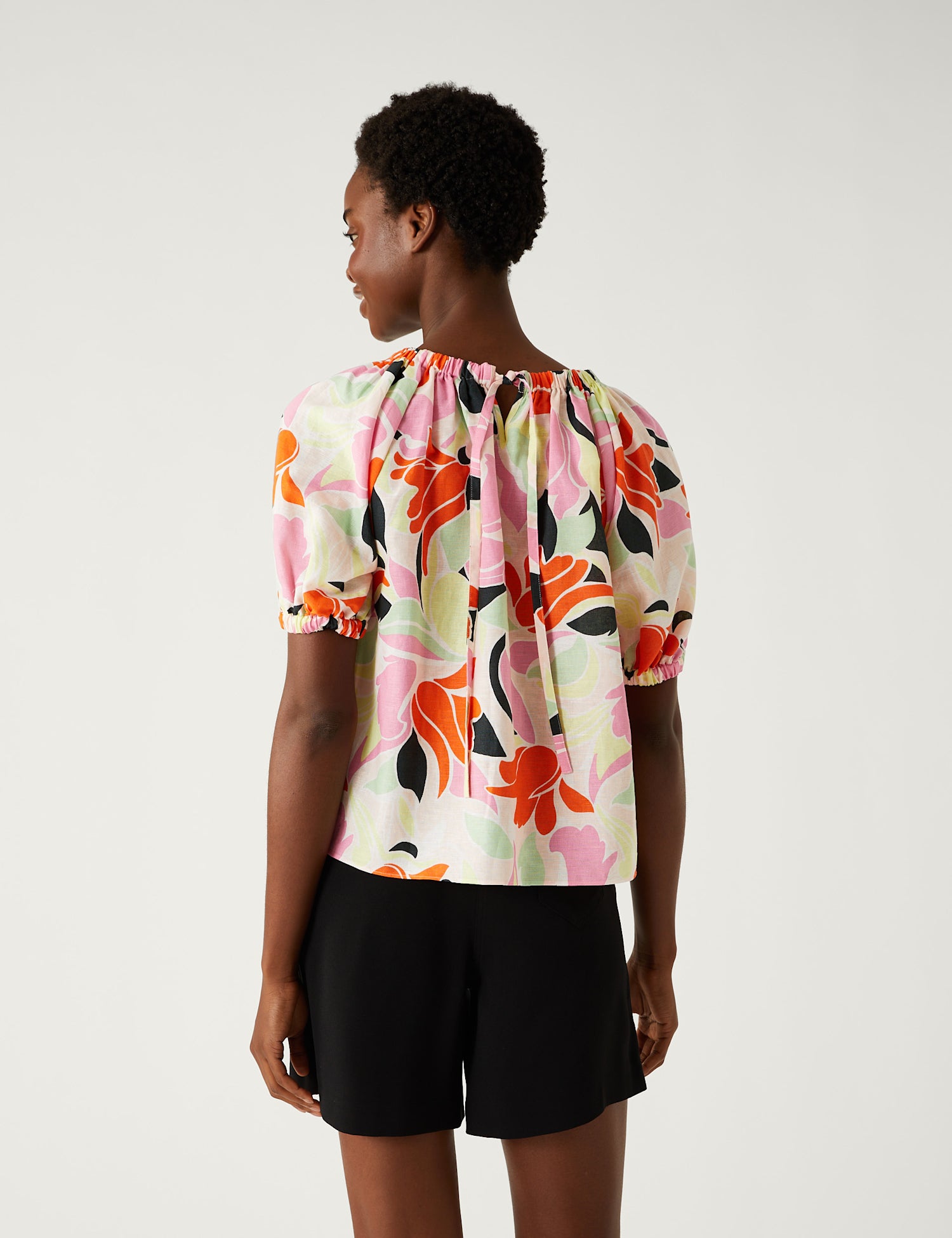 Linen Rich Printed Puff Sleeve Blouse